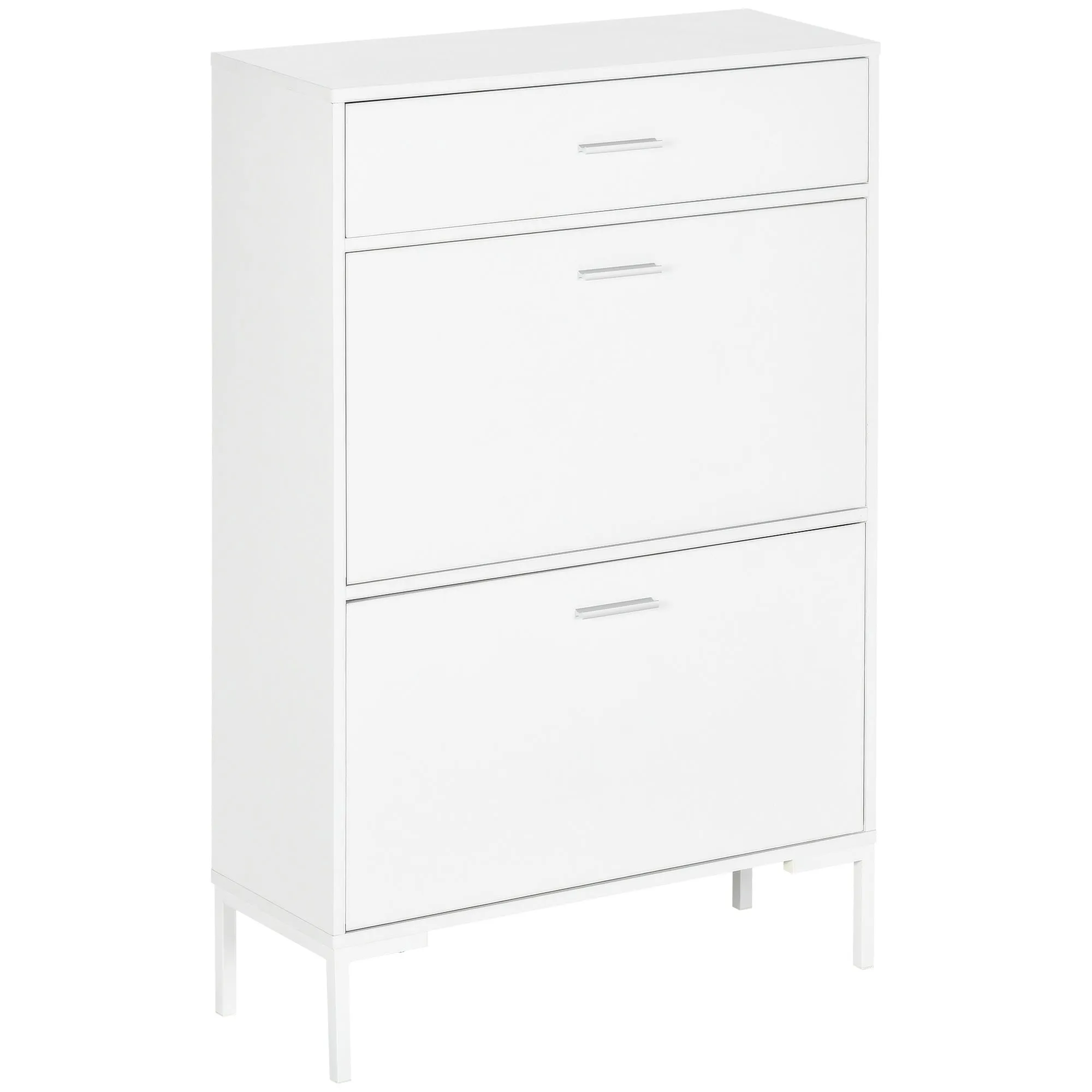 Modern Shoe Cabinet for 12 Pairs of Shoes with 2 Drop-Door and Drawer, 76x26x110 cm, White