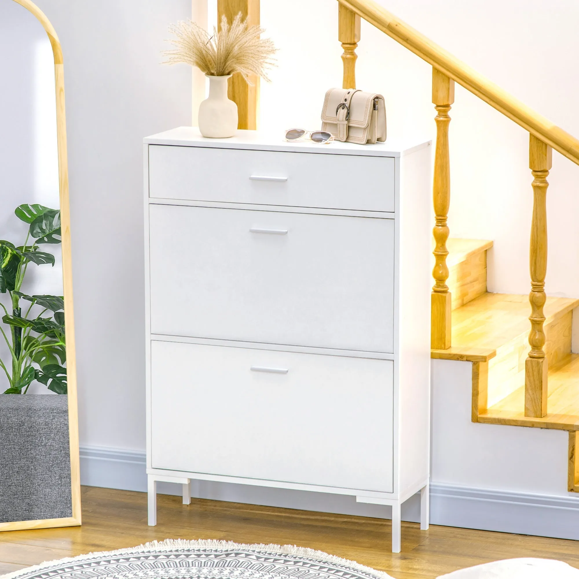 Modern Shoe Cabinet for 12 Pairs of Shoes with 2 Drop-Door and Drawer, 76x26x110 cm, White - Image 2