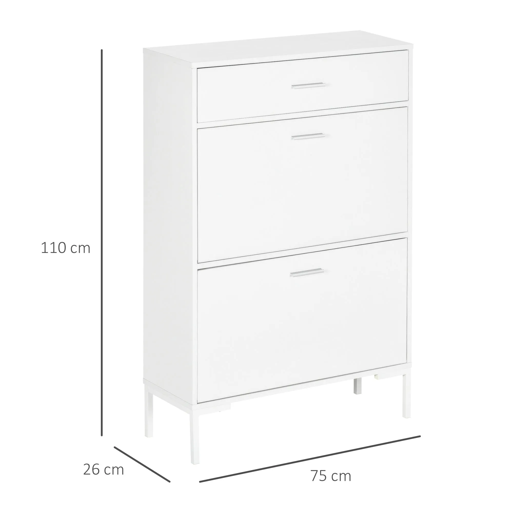 Modern Shoe Cabinet for 12 Pairs of Shoes with 2 Drop-Door and Drawer, 76x26x110 cm, White - Image 3