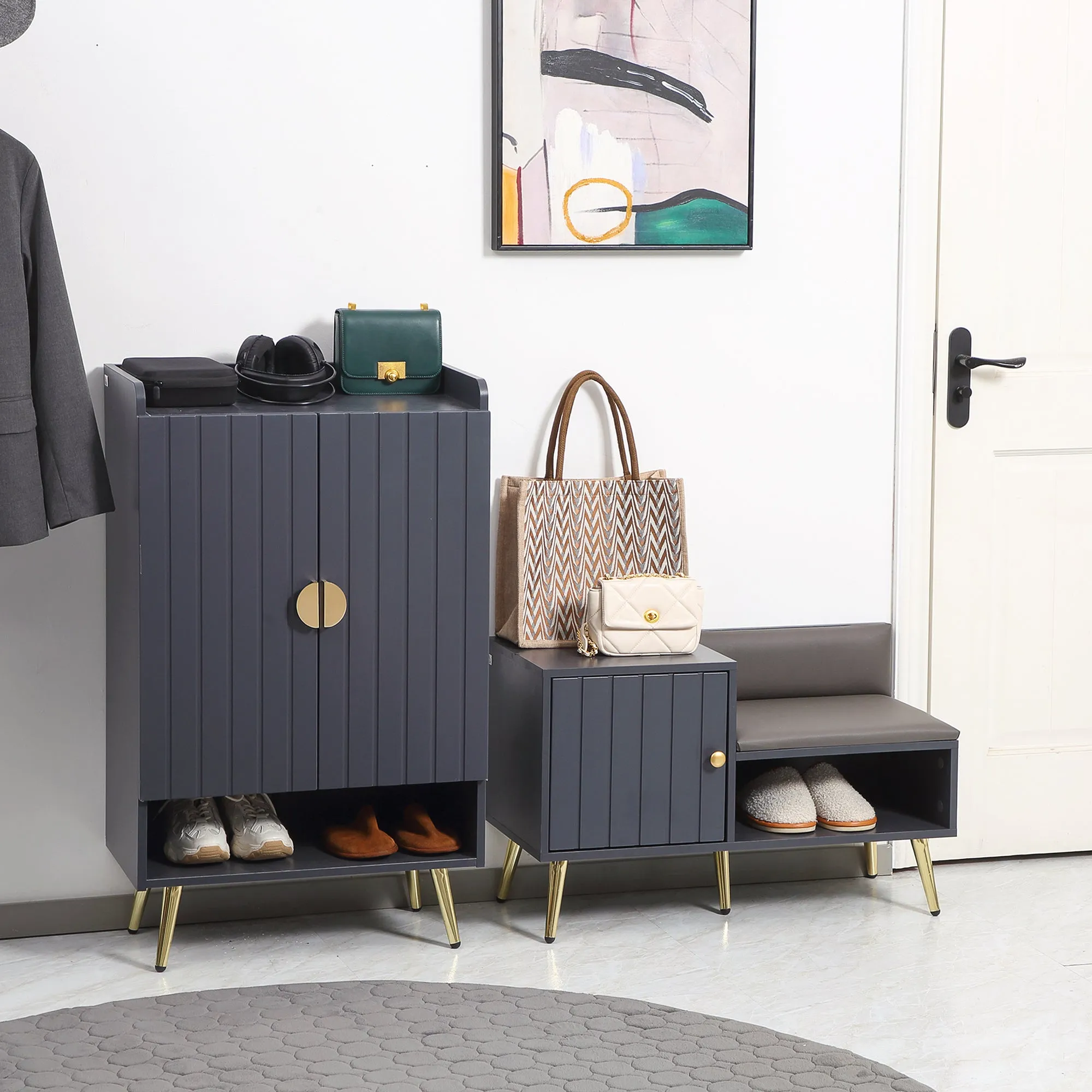 Entryway Shoe Cabinet with Padded Seat and Storage for 4 Pairs of Shoes, 80x33x49cm, Grey - Image 2