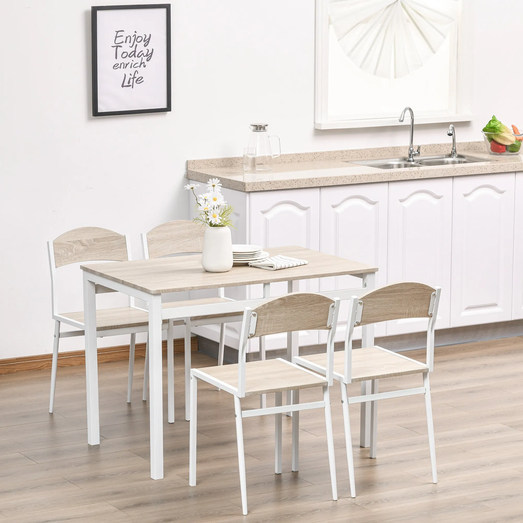 Set dining table and 4 metal and mdf chairs, white and wood - Image 2