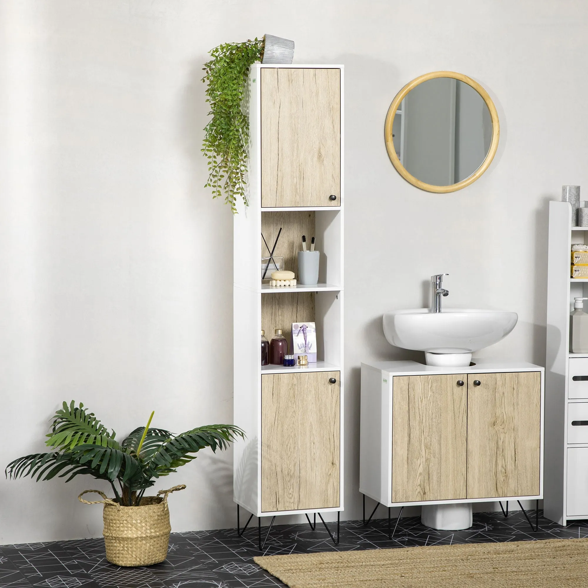 Bathroom Column with 2 Open Shelves and 2 Chipboard Cabinets, 31.5x30x169 cm, White and Wood Color - Image 2