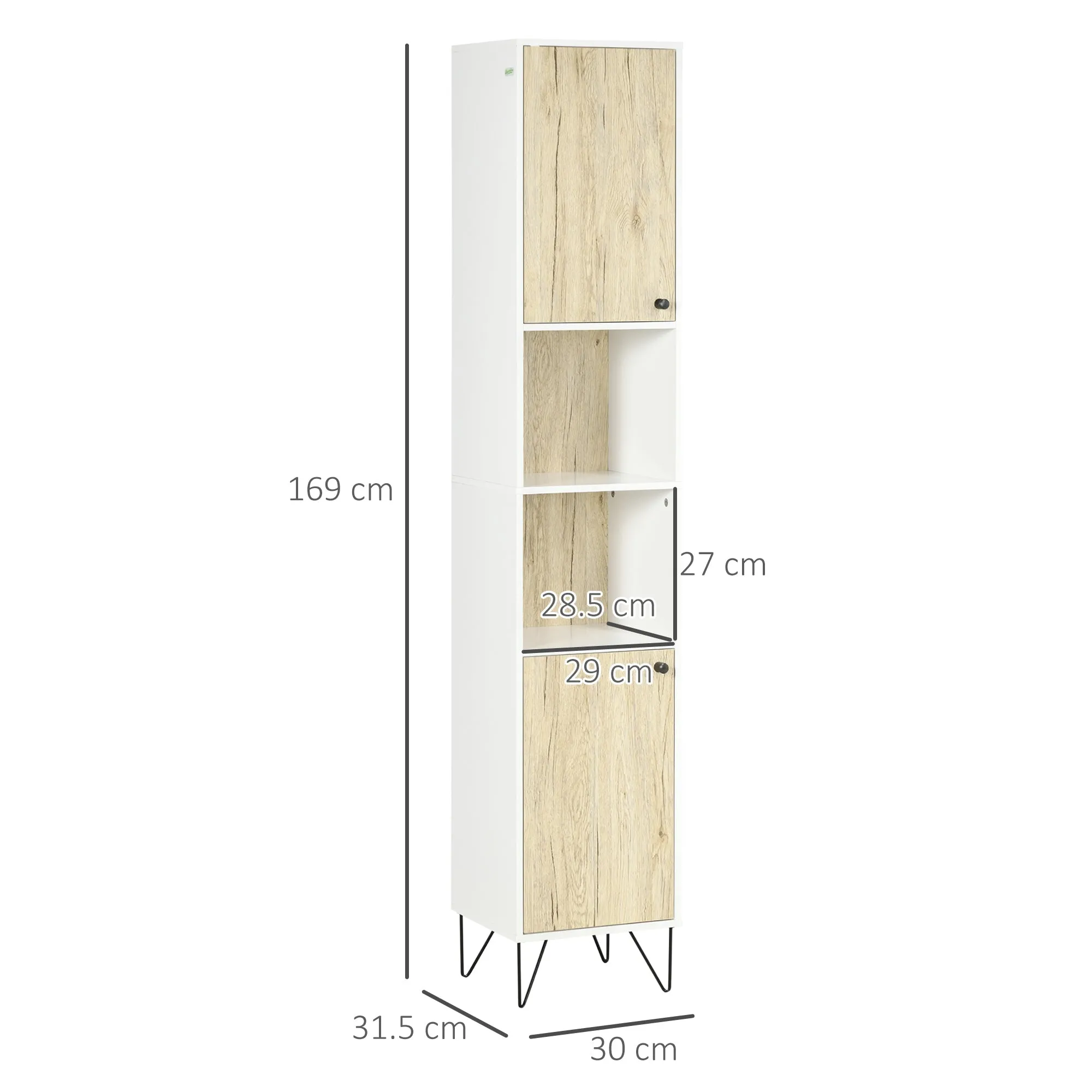 Bathroom Column with 2 Open Shelves and 2 Chipboard Cabinets, 31.5x30x169 cm, White and Wood Color - Image 3
