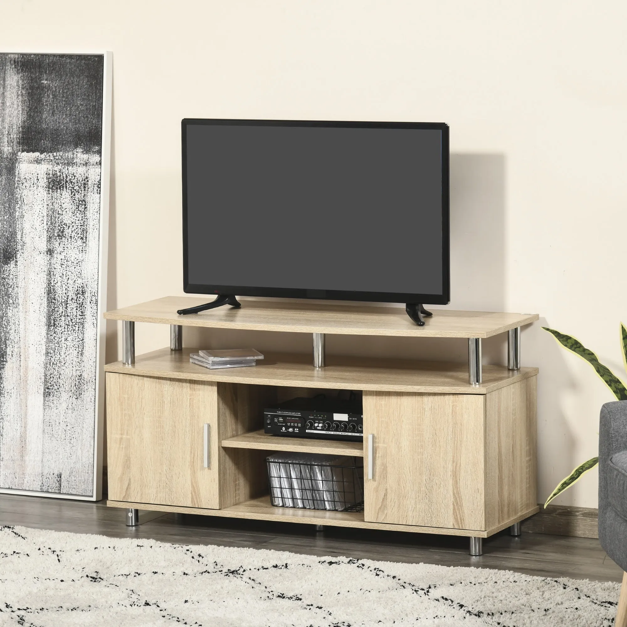 Modern TV Mobile with 2 shelves, Passacavi holes and 2 cabinets in MDF 105x40x55cm - oak - Image 2