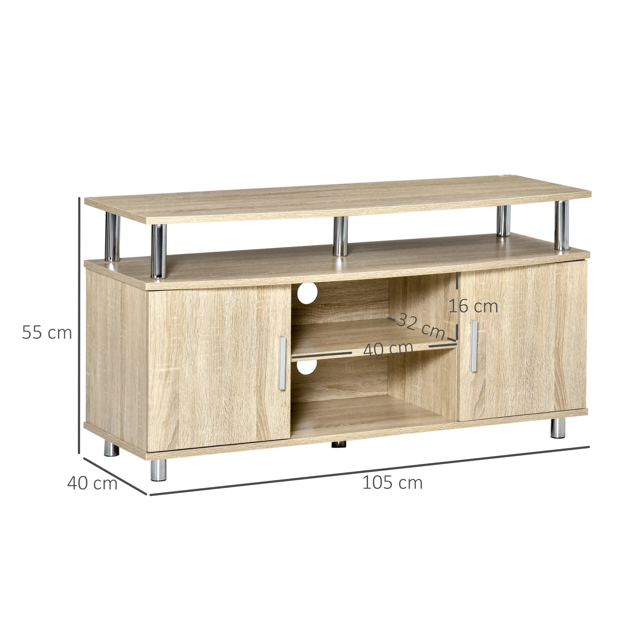 Modern TV Mobile with 2 shelves, Passacavi holes and 2 cabinets in MDF 105x40x55cm - oak - Image 3