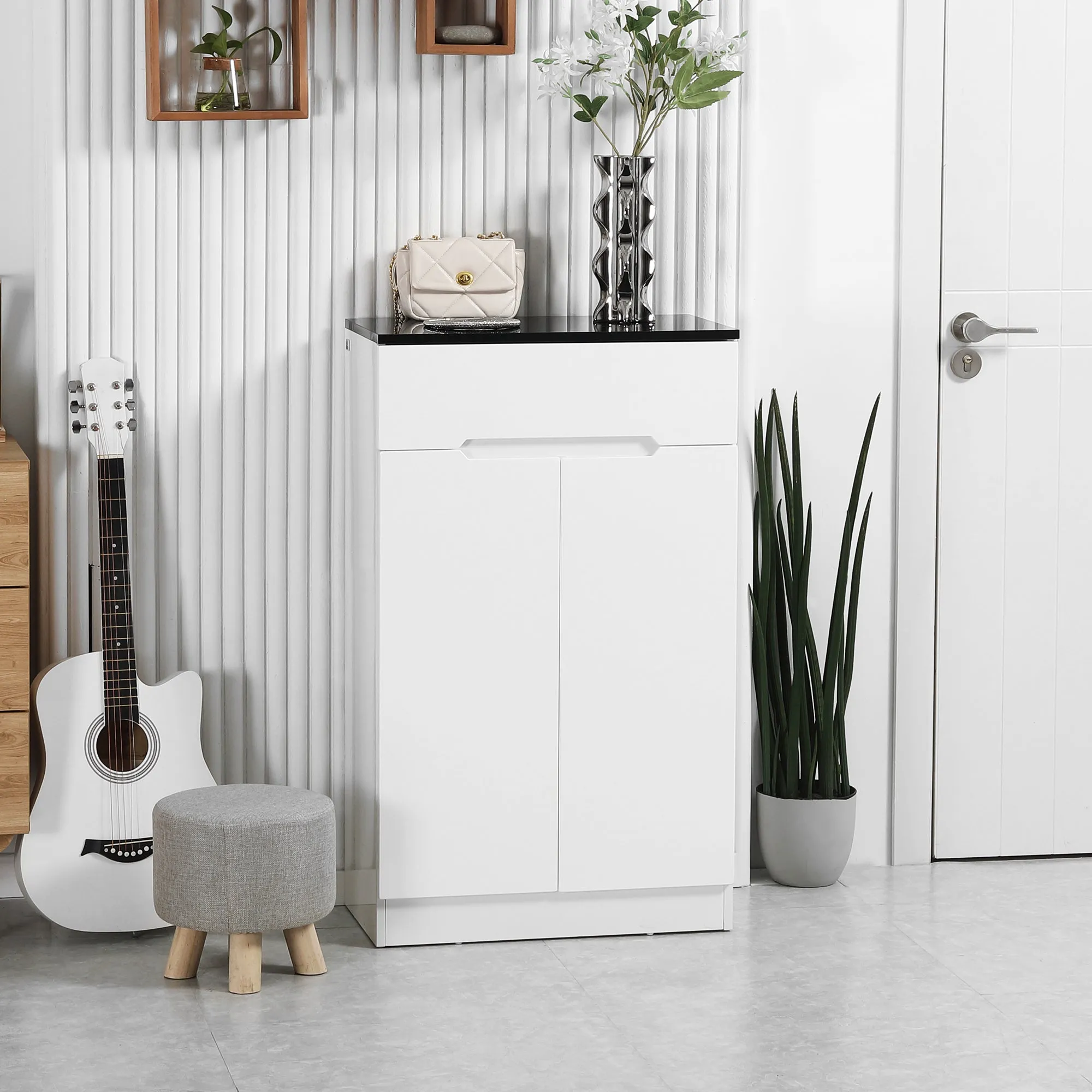 Slim Shoe Rack for 12 Pairs Max for Entrances with 3 Adjustable Shelves and Drawer, in White Chipboard, 60x32x100 cm - Image 2