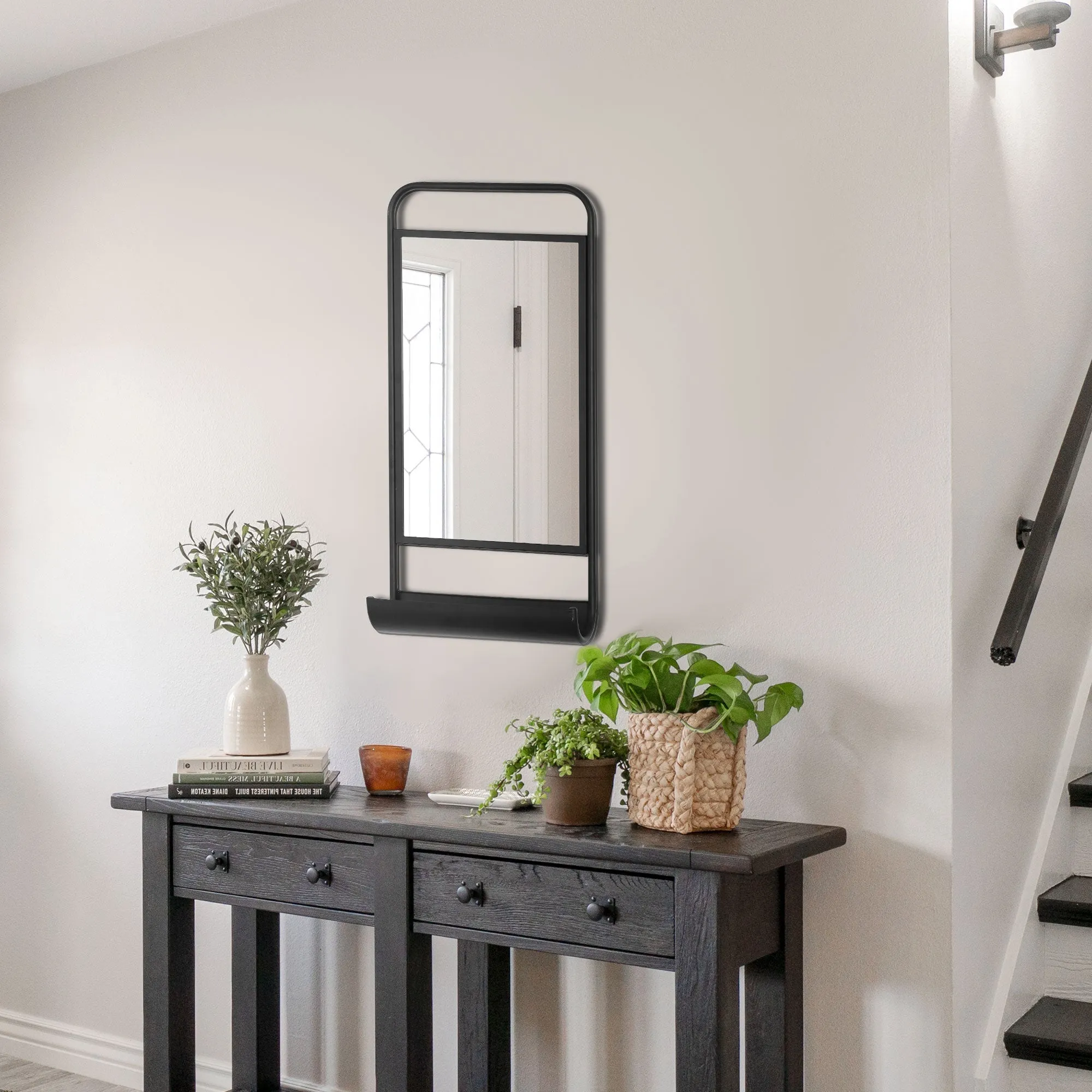 wall mirror with lower shelf and metal structure, 36.2x12x71.7cm, black - Image 2