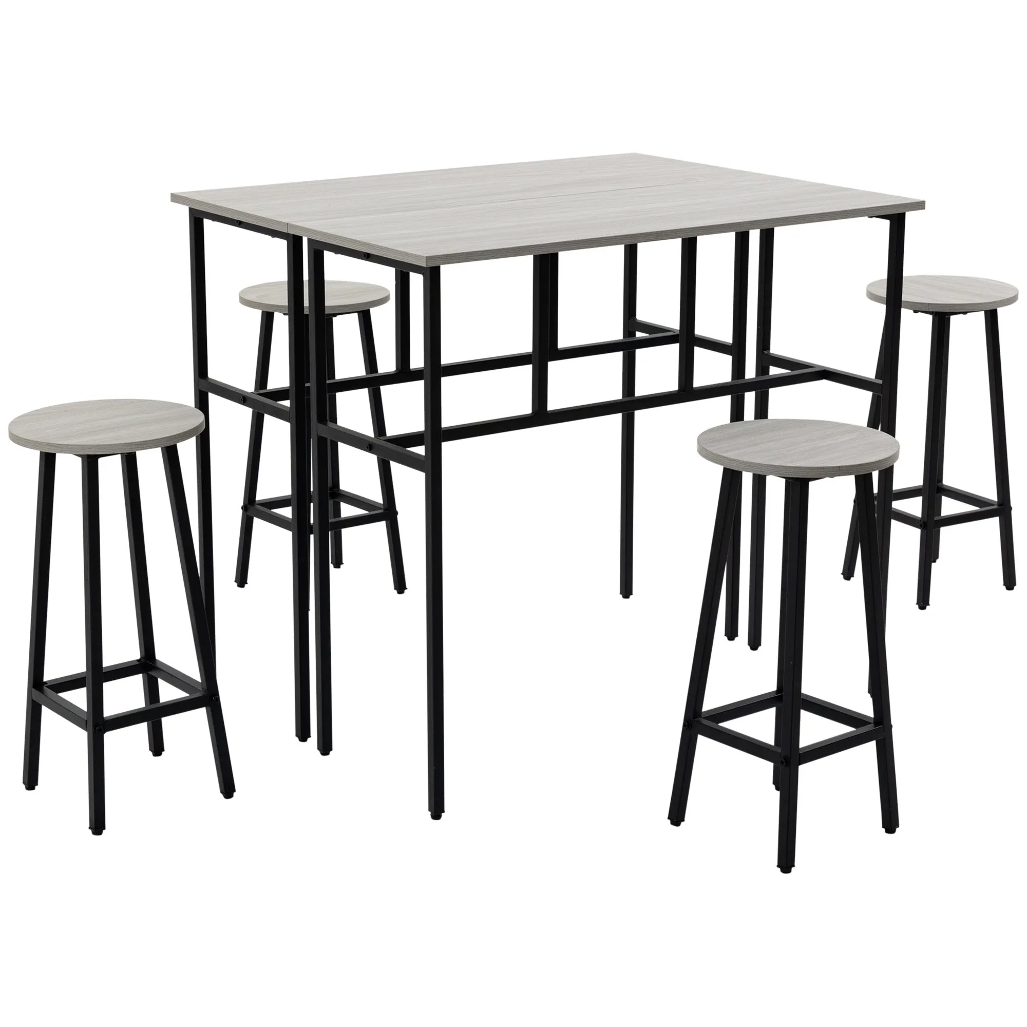sets from bar 6 pieces with 4 bar stools and 2 high tables in chipped wood and steel for kitchen and living room, Grey