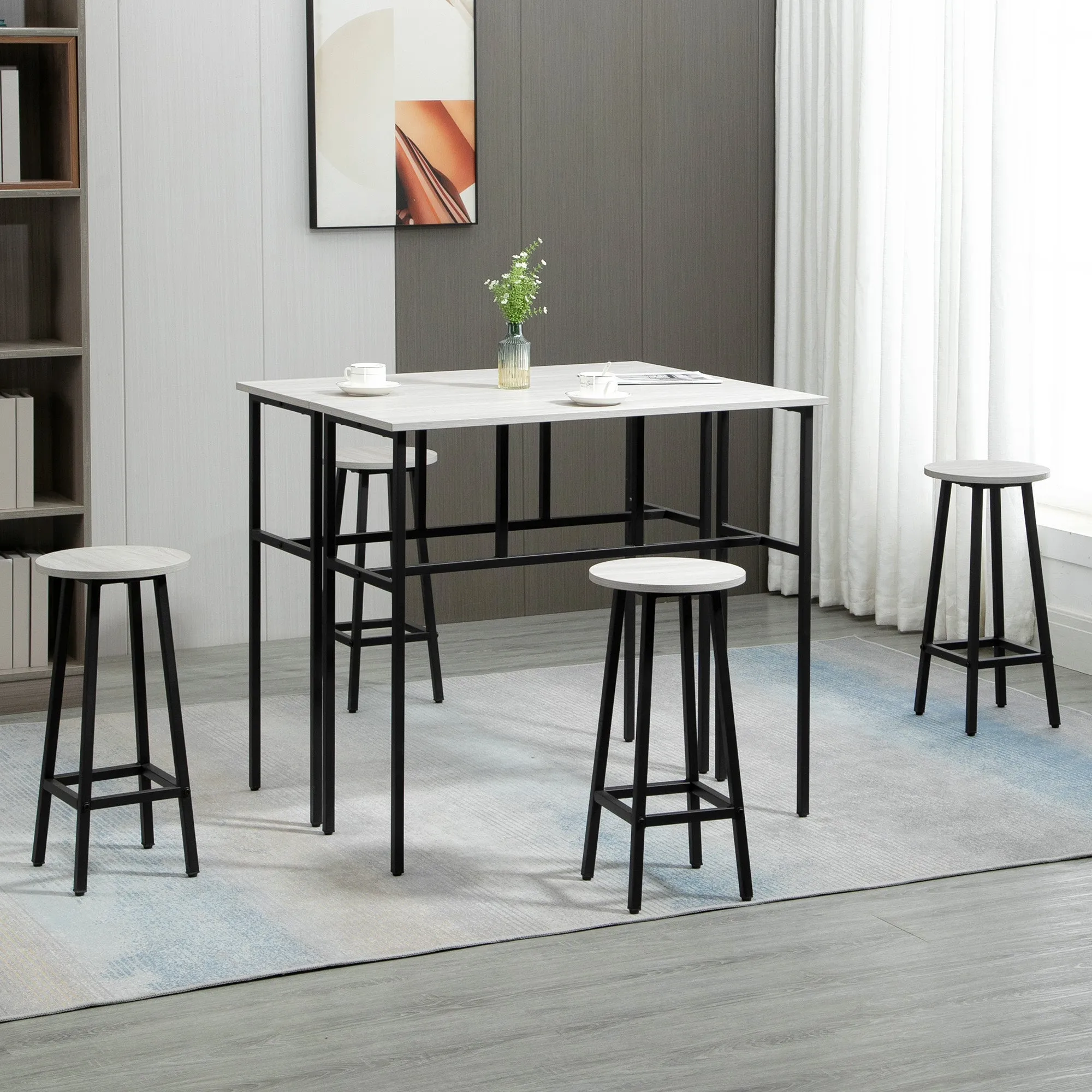 sets from bar 6 pieces with 4 bar stools and 2 high tables in chipped wood and steel for kitchen and living room, Grey - Image 2