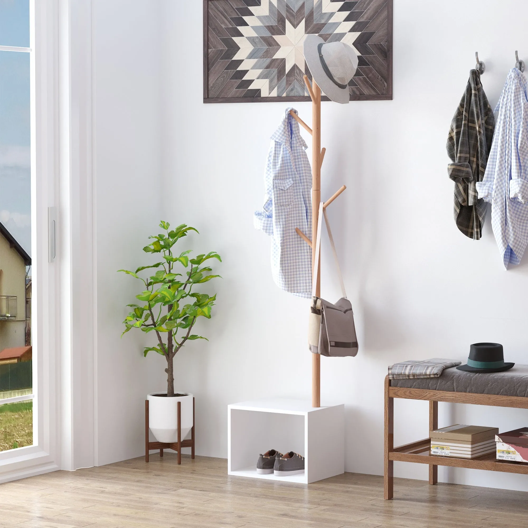 Railbiti shoe rack with 6 bamboo hooks, white, 40x30x180cm - Image 2