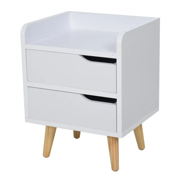 bedside table with modern white design with drawers and wooden feet