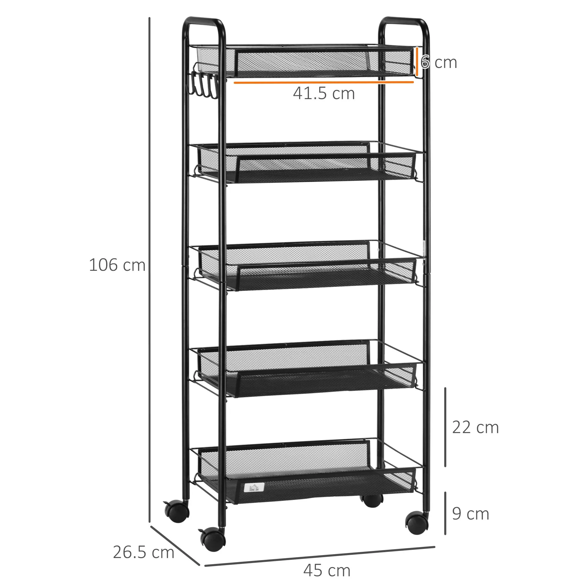 Black 5 level Kitchen Trolley with mesh baskets | 45x26.5x106cm - Image 3