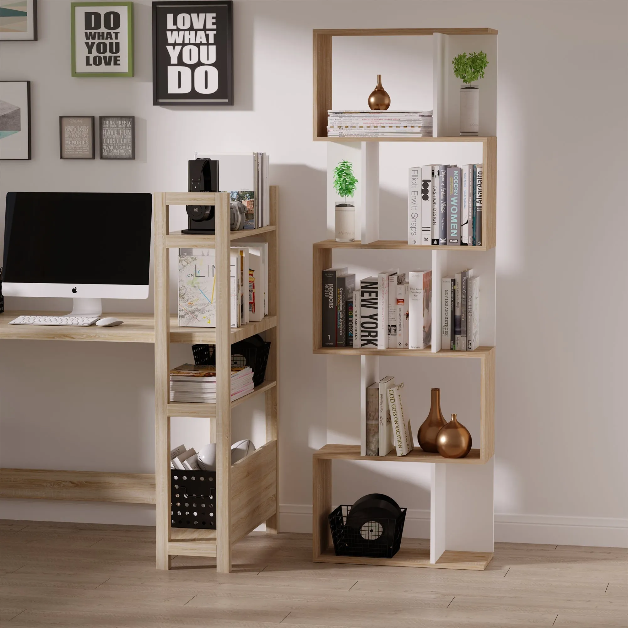 Bookshelf, Space-Saving S-Shaped Wooden Bookcase, for Living Room, Bedroom and Office, 60x24x184.5 cm, Wood and White Color - Image 2