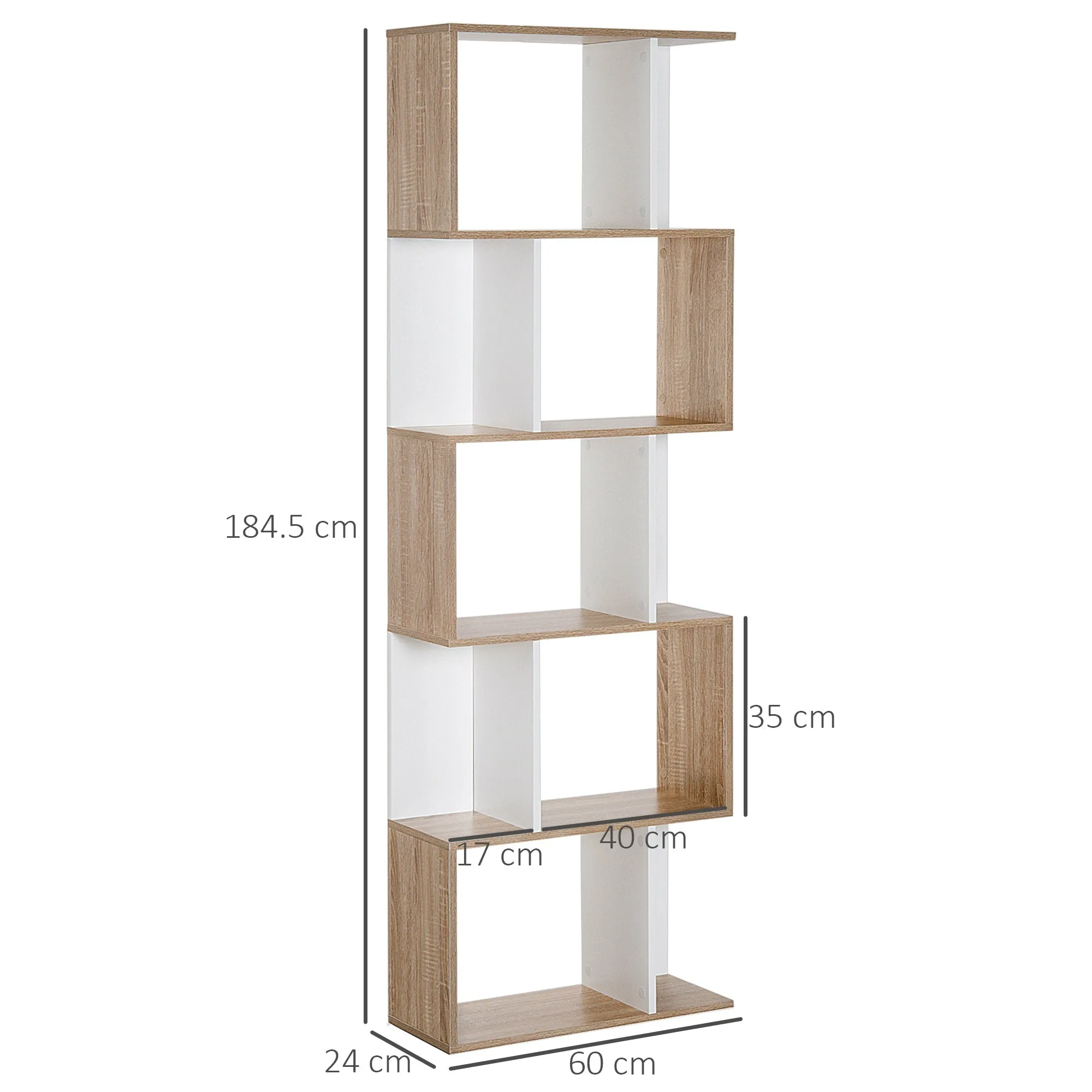Bookshelf, Space-Saving S-Shaped Wooden Bookcase, for Living Room, Bedroom and Office, 60x24x184.5 cm, Wood and White Color - Image 3