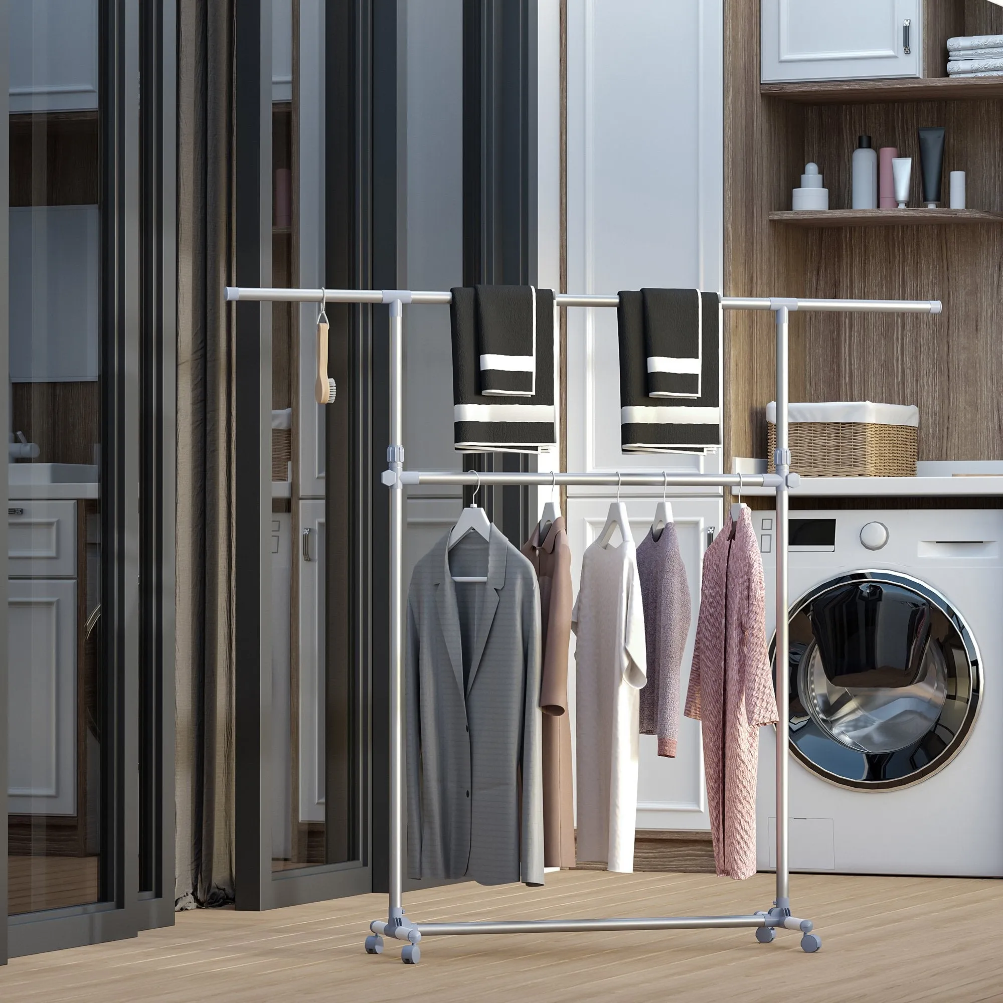 Stenter bend with adjustable height and extension, 4 swivel wheels, stainless steel and ABS, 165x48x180cm - Image 2