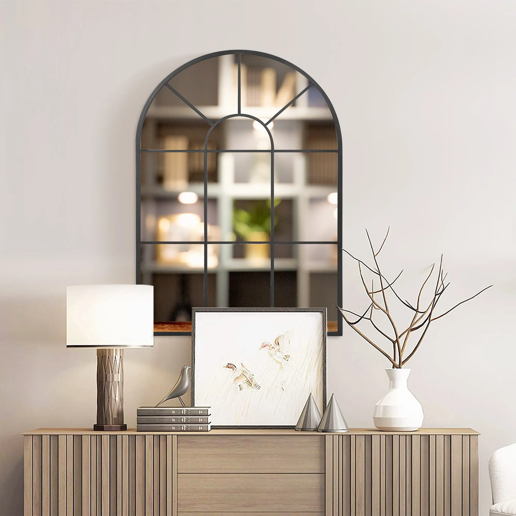 Modern Wall Mirror Arch Shape 91x60cm for Bedroom and Living Room, in Black Metal and Glass - Image 2