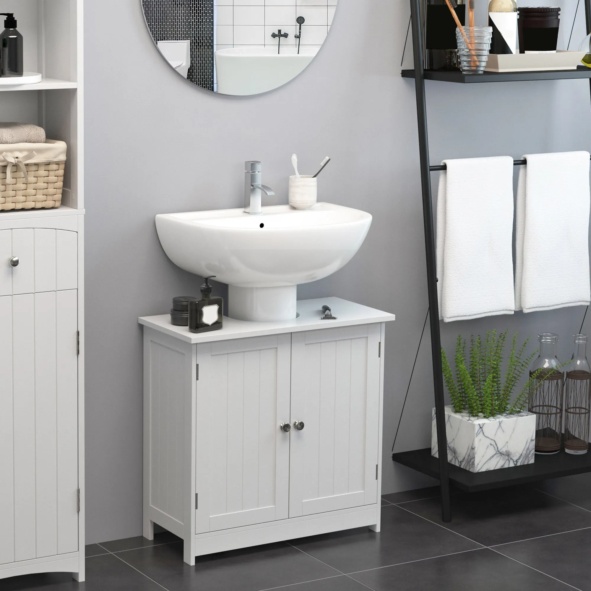 Under Sink Cabinet in MDF, White Under Sink Cabinet for Bathroom with 2 Doors, for Washbasins with or without Column, 60x30x60 cm - Image 2