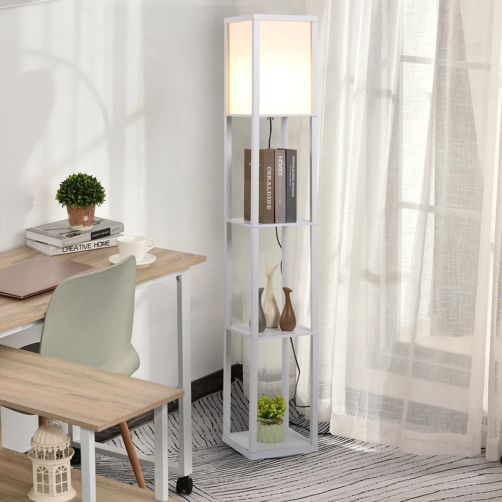 loor Lamp with 3 Integrated Shelves, E27 Socket, 40W Power, Modern MDF Furniture, 26x26x160cm, White - Image 2