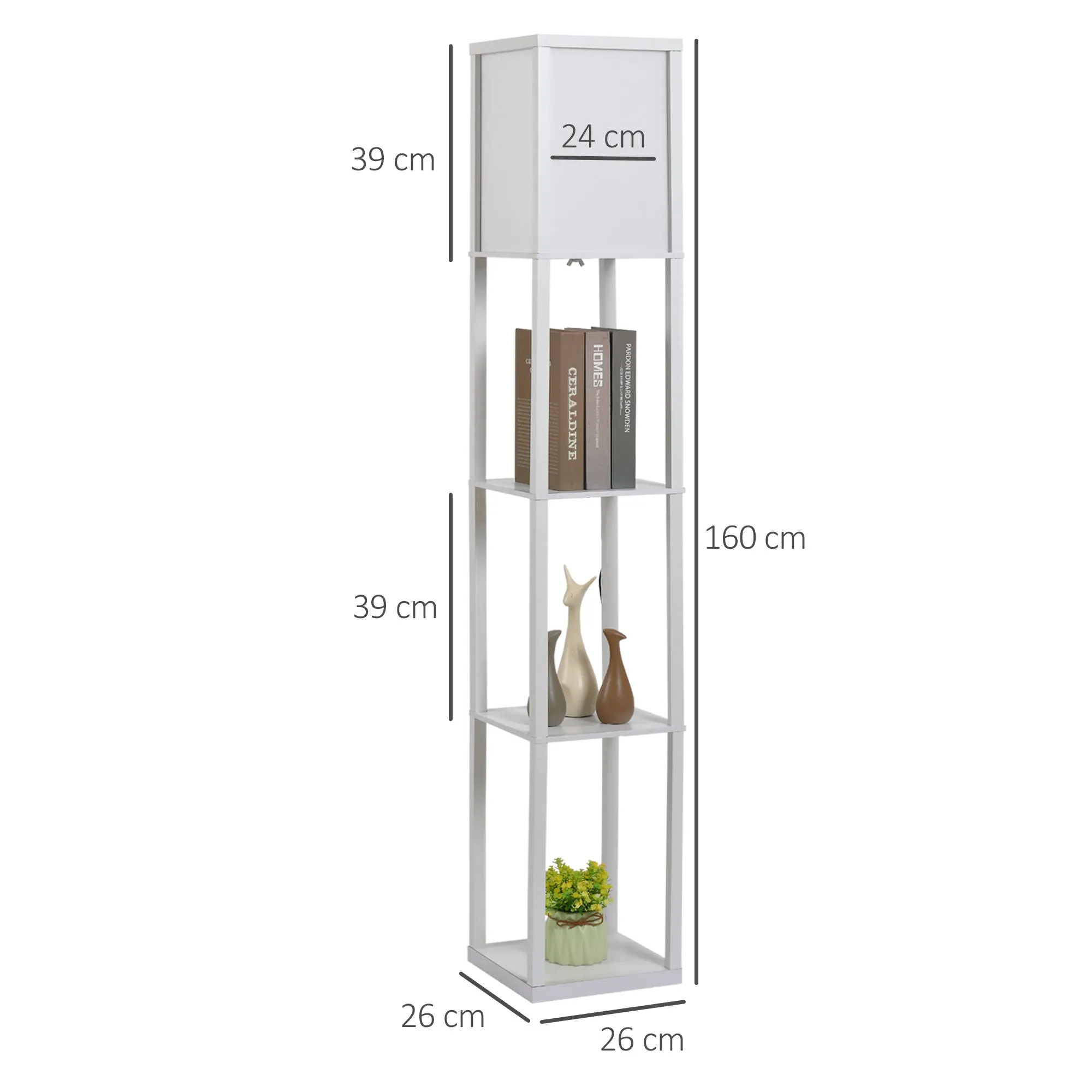 loor Lamp with 3 Integrated Shelves, E27 Socket, 40W Power, Modern MDF Furniture, 26x26x160cm, White - Image 3