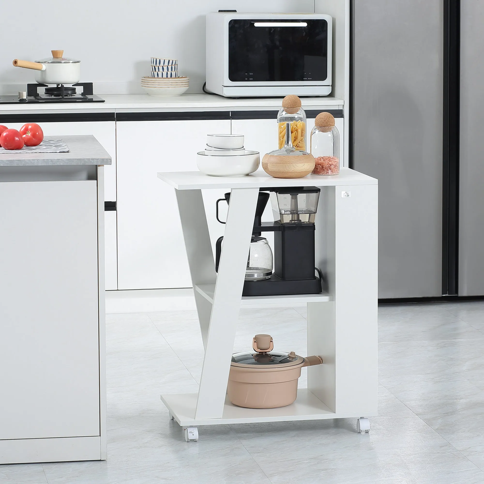 Wooden Kitchen Trolley with 2 Shelves and Wheels, 60x38x77cm, White - Image 2