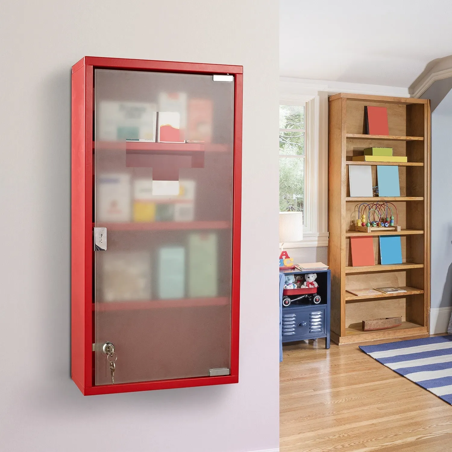 Medicine Cabinet 4 Tier Glass Door Medicine Box 60×30×12cm Red - Image 2