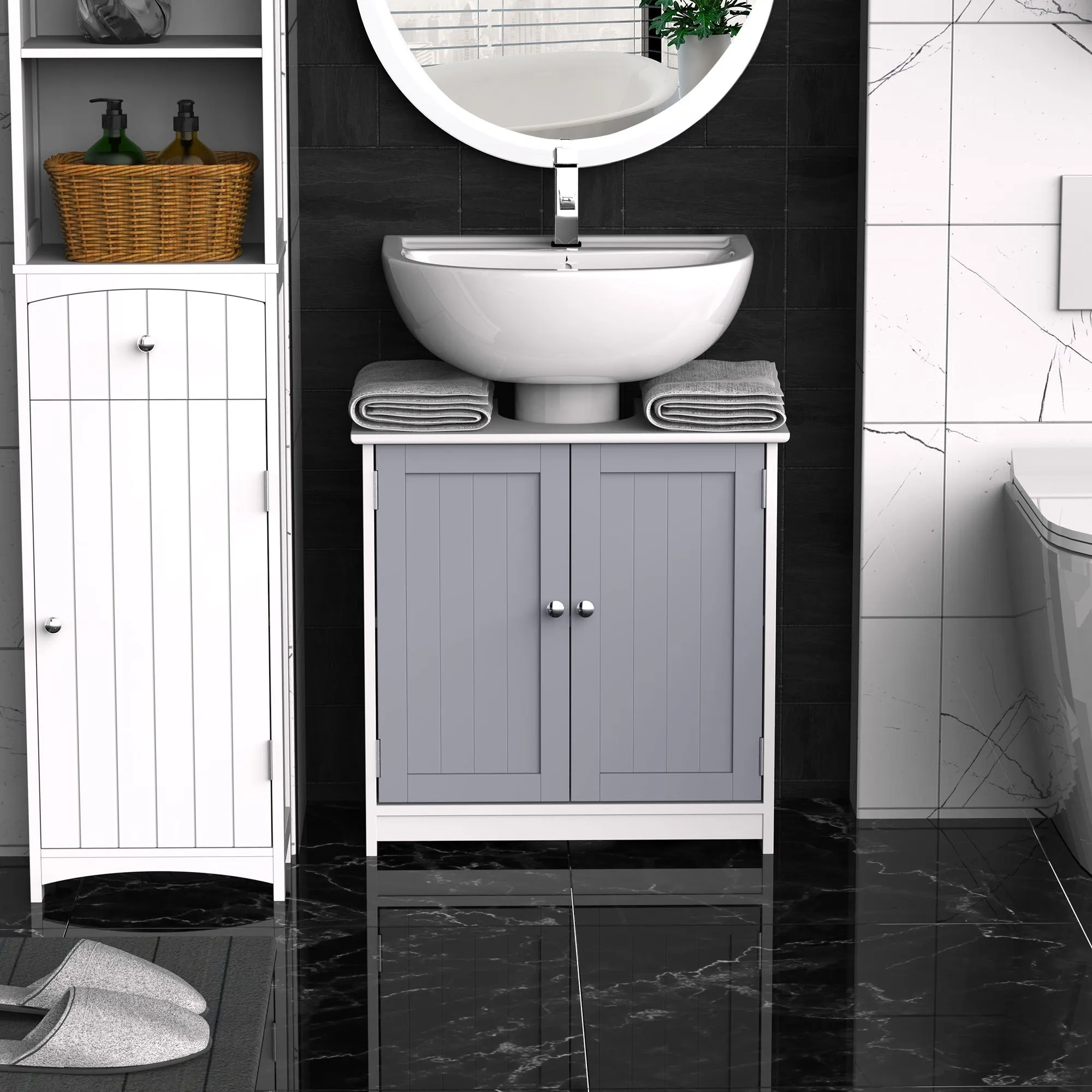 Kleankin Mobile Under Bathroom Washa with U -cut, 2 doors with adjustable shelf in MDF, 60x30x60cm Grey white - Image 2