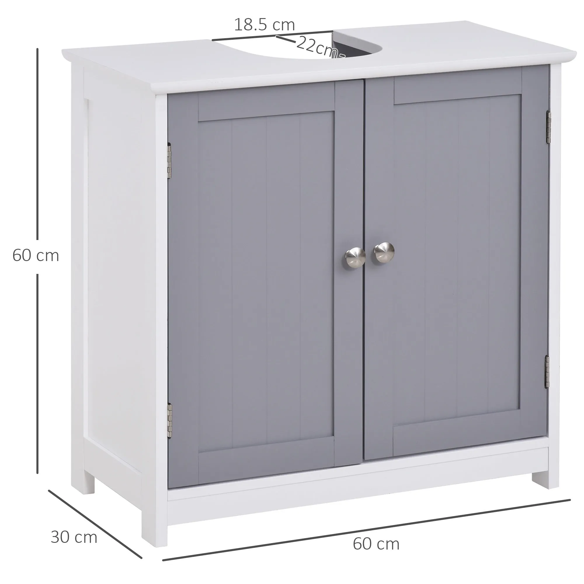 Kleankin Mobile Under Bathroom Washa with U -cut, 2 doors with adjustable shelf in MDF, 60x30x60cm Grey white - Image 3