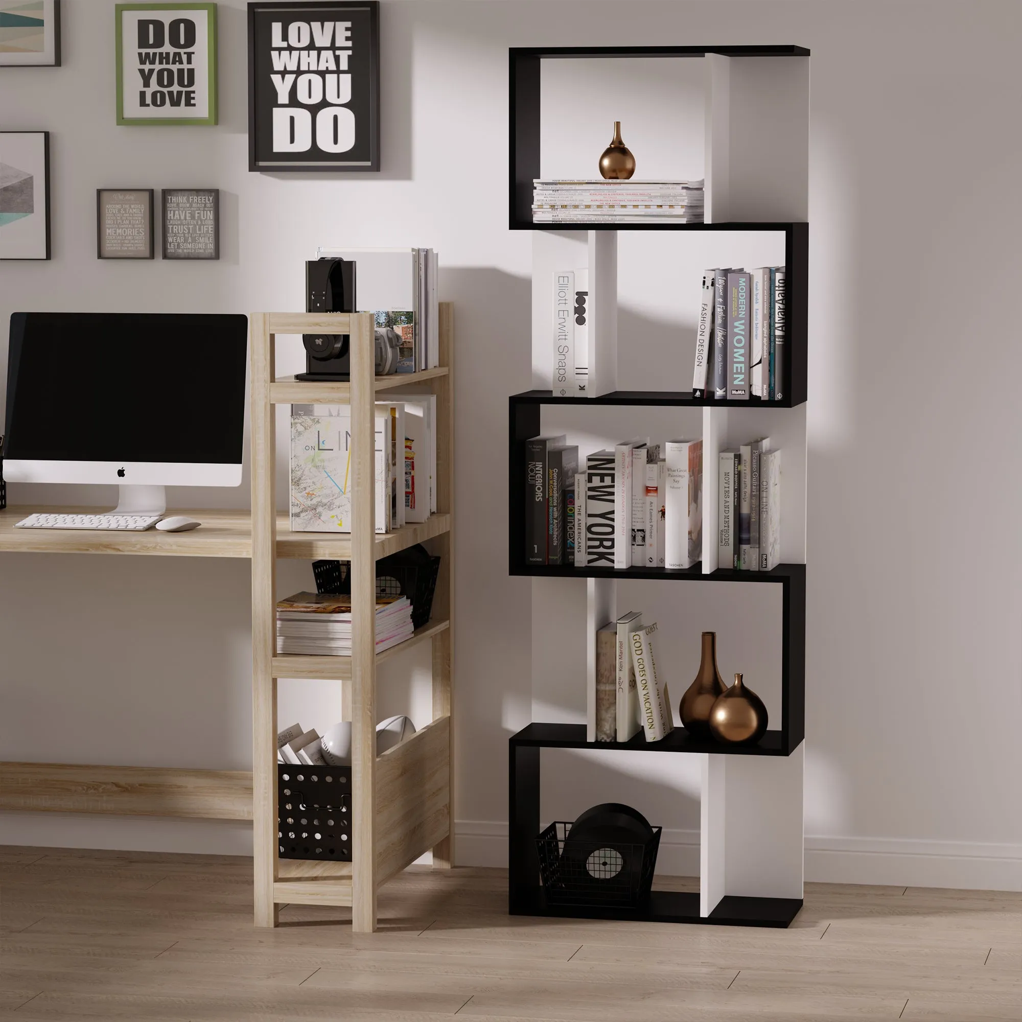 Wooden Bookcase with Divider, 60x24x184.5 cm, Black and White - Image 2