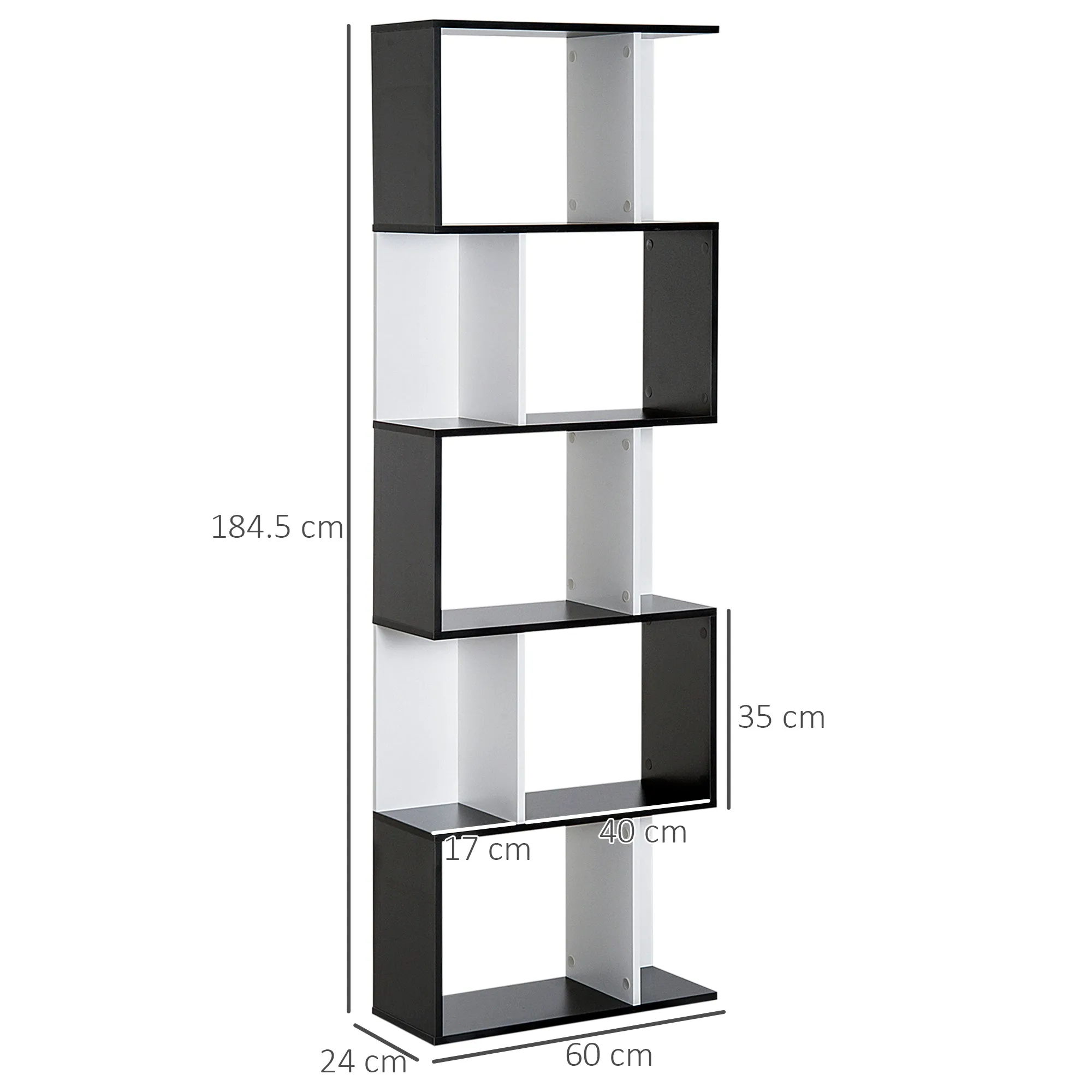 Wooden Bookcase with Divider, 60x24x184.5 cm, Black and White - Image 3