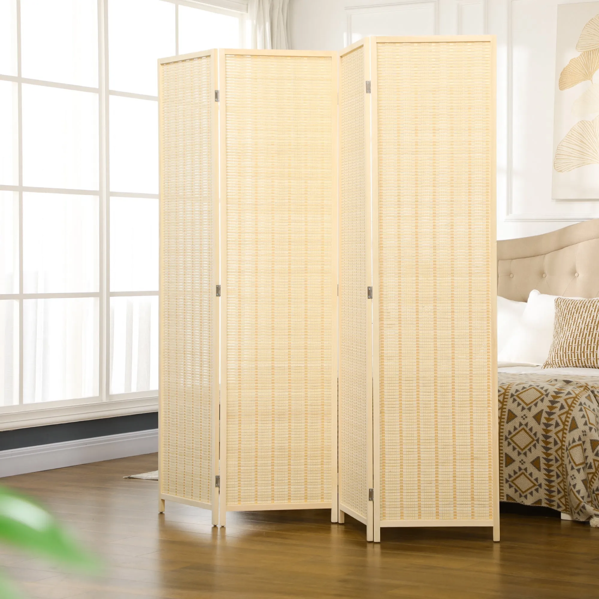 Indoor 4-Panel Folding Indoor Screen Height 180cm, Wood and Bamboo Boho Style, Natural Colour - Image 2