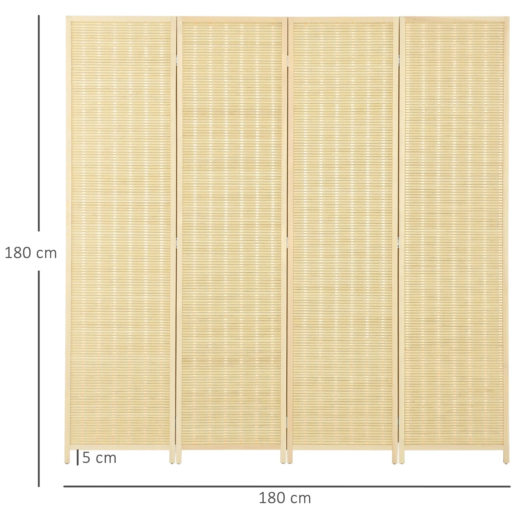 Indoor 4-Panel Folding Indoor Screen Height 180cm, Wood and Bamboo Boho Style, Natural Colour - Image 3