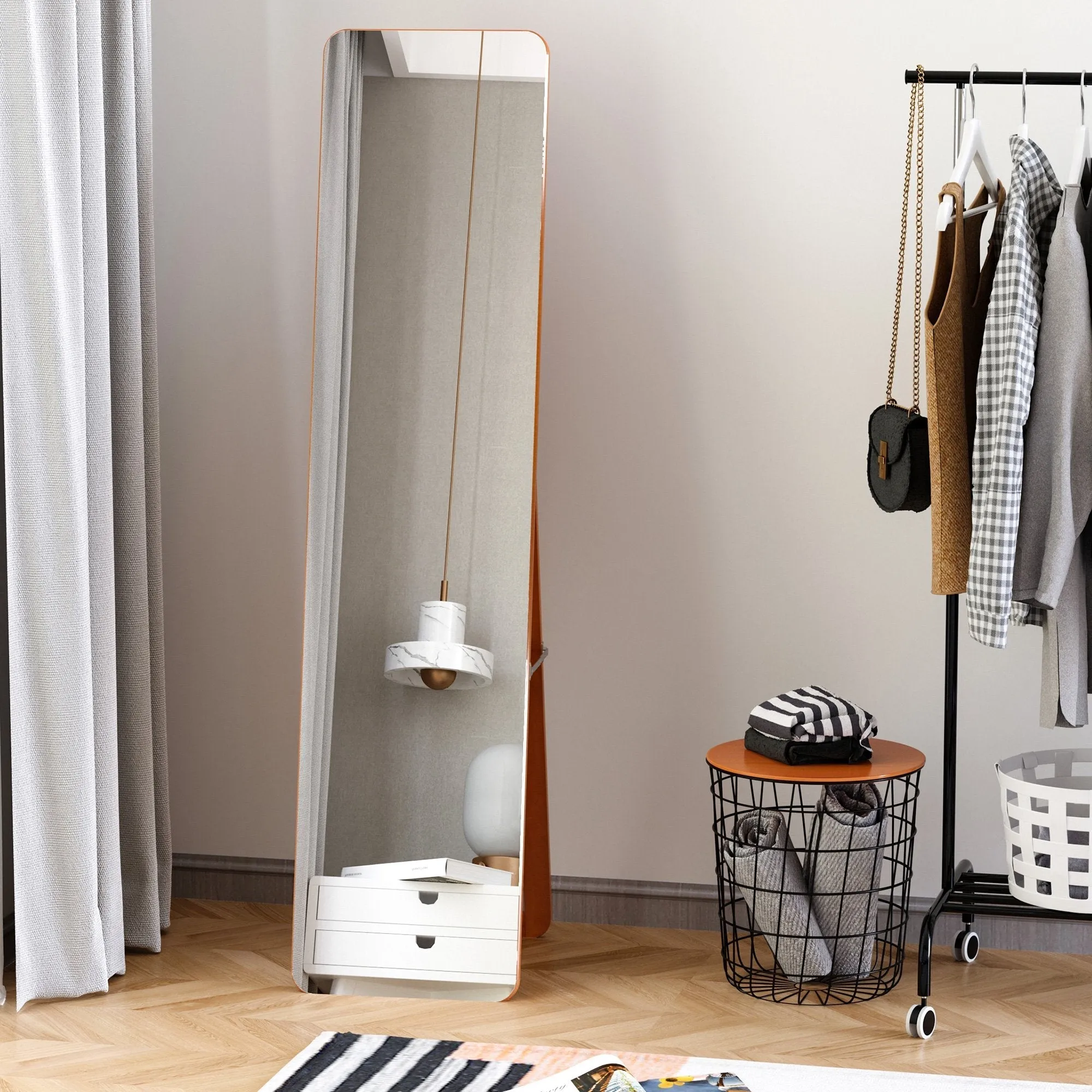 Floor and Wall Mirror with Wooden Frame, Folding Stand with Hinges, 37x43x156cm, Light Walnut - Image 2