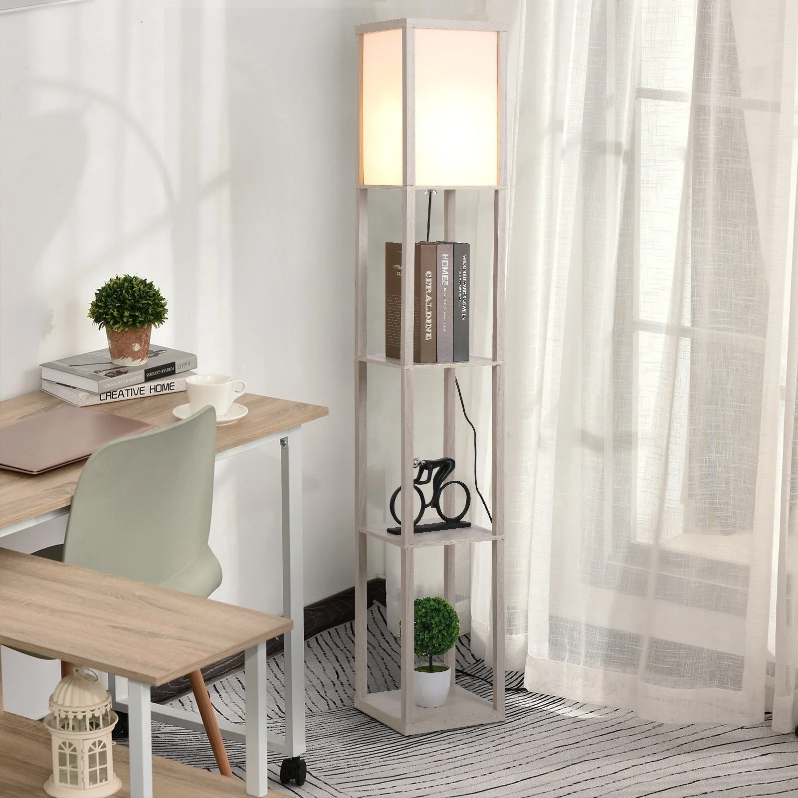 Floor Lamp with 3 Integrated Shelves, E27 Socket, 40W Power, Modern MDF Furniture, 26x26x160cm, Oak - Image 2