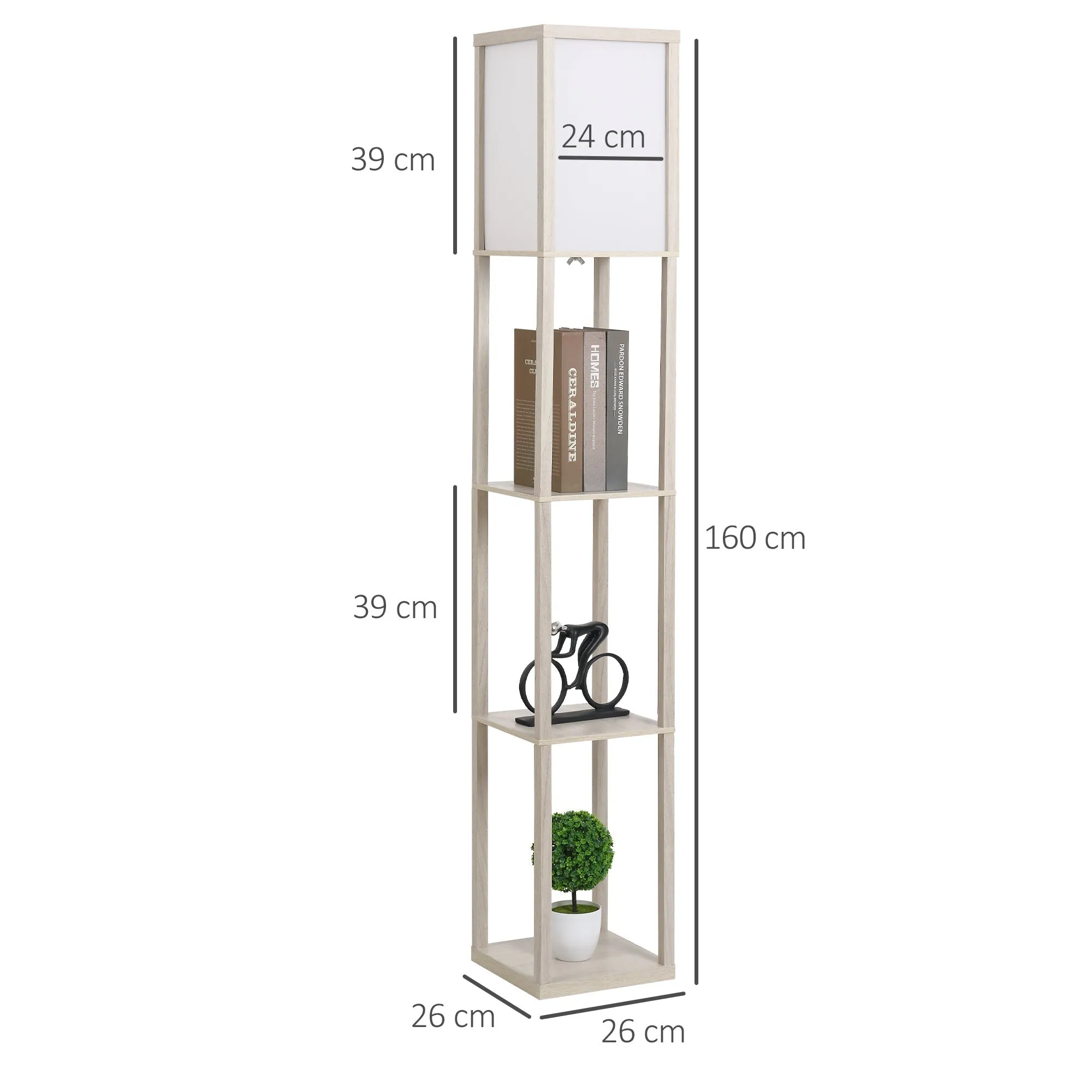 Floor Lamp with 3 Integrated Shelves, E27 Socket, 40W Power, Modern MDF Furniture, 26x26x160cm, Oak - Image 3