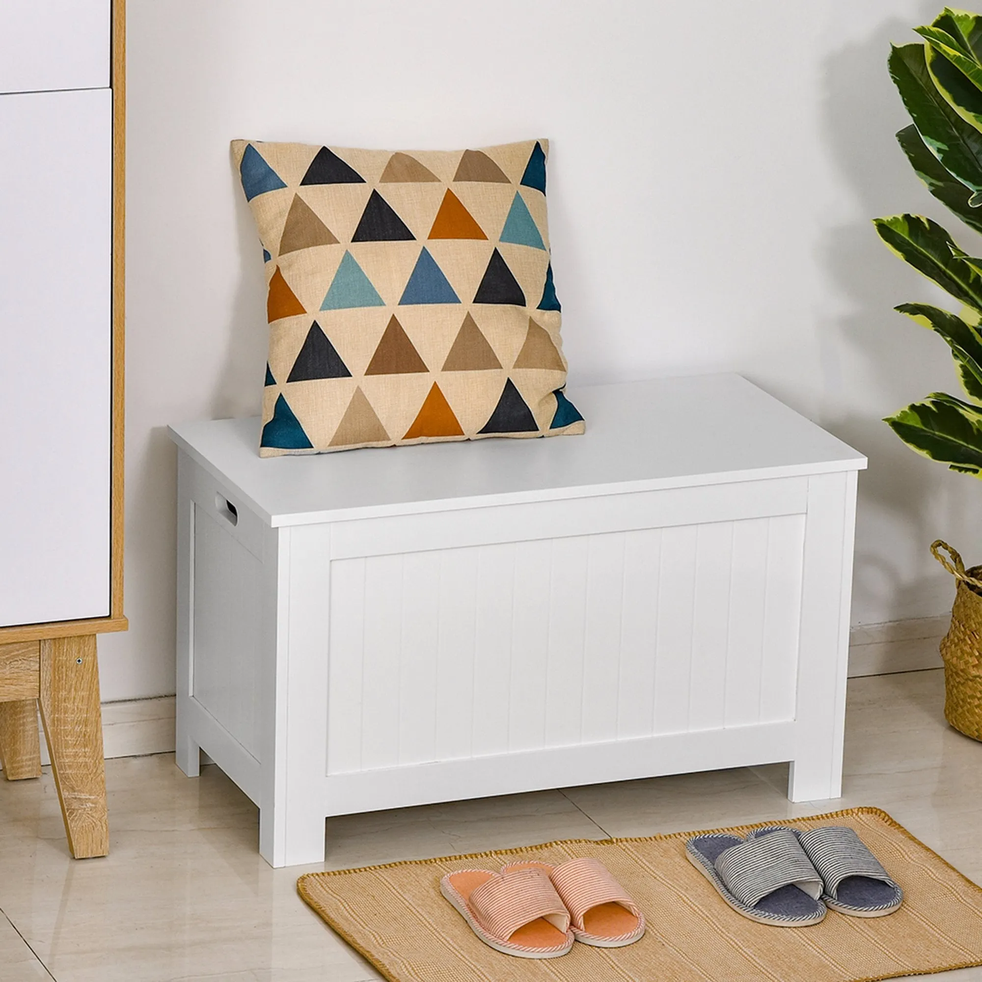 Bench Multipurpose Wooden Wooden Container MDF Opening with Safety Block, 81x40x46cm, White - Image 2