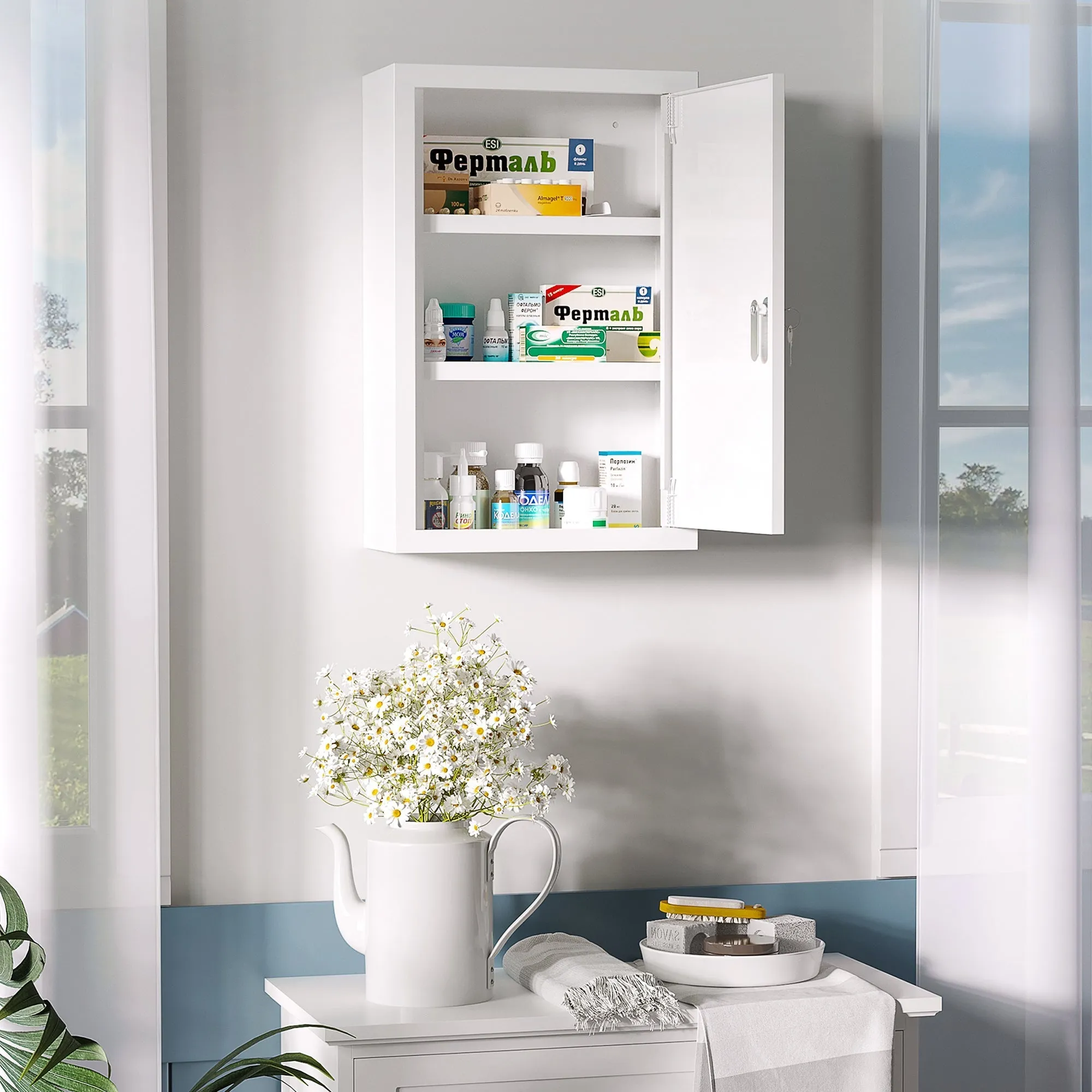 3-Tier Stainless Steel Medicine Cabinet with 2 Keys and Wall Mount, 30x14x46 cm, White - Image 2