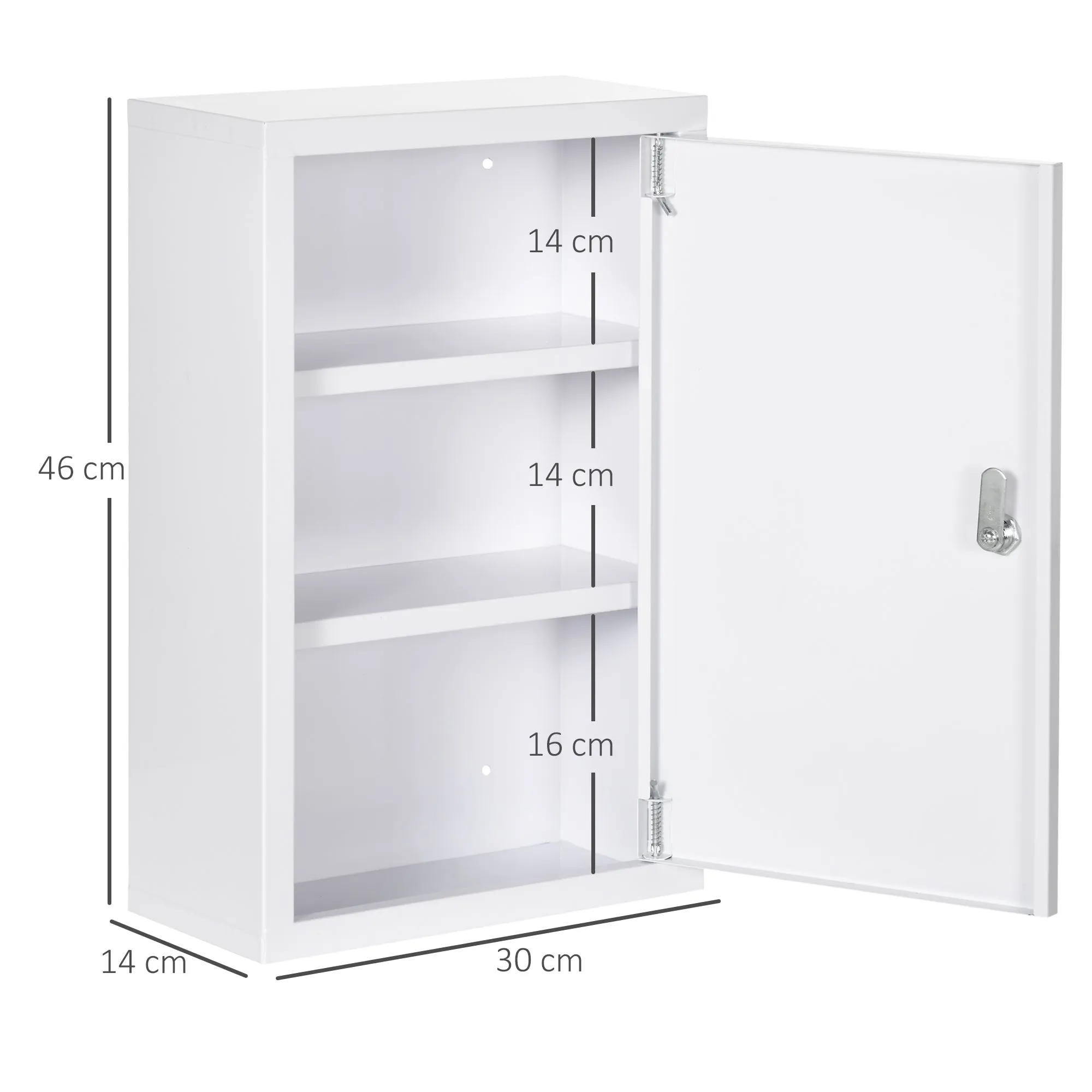 3-Tier Stainless Steel Medicine Cabinet with 2 Keys and Wall Mount, 30x14x46 cm, White - Image 3