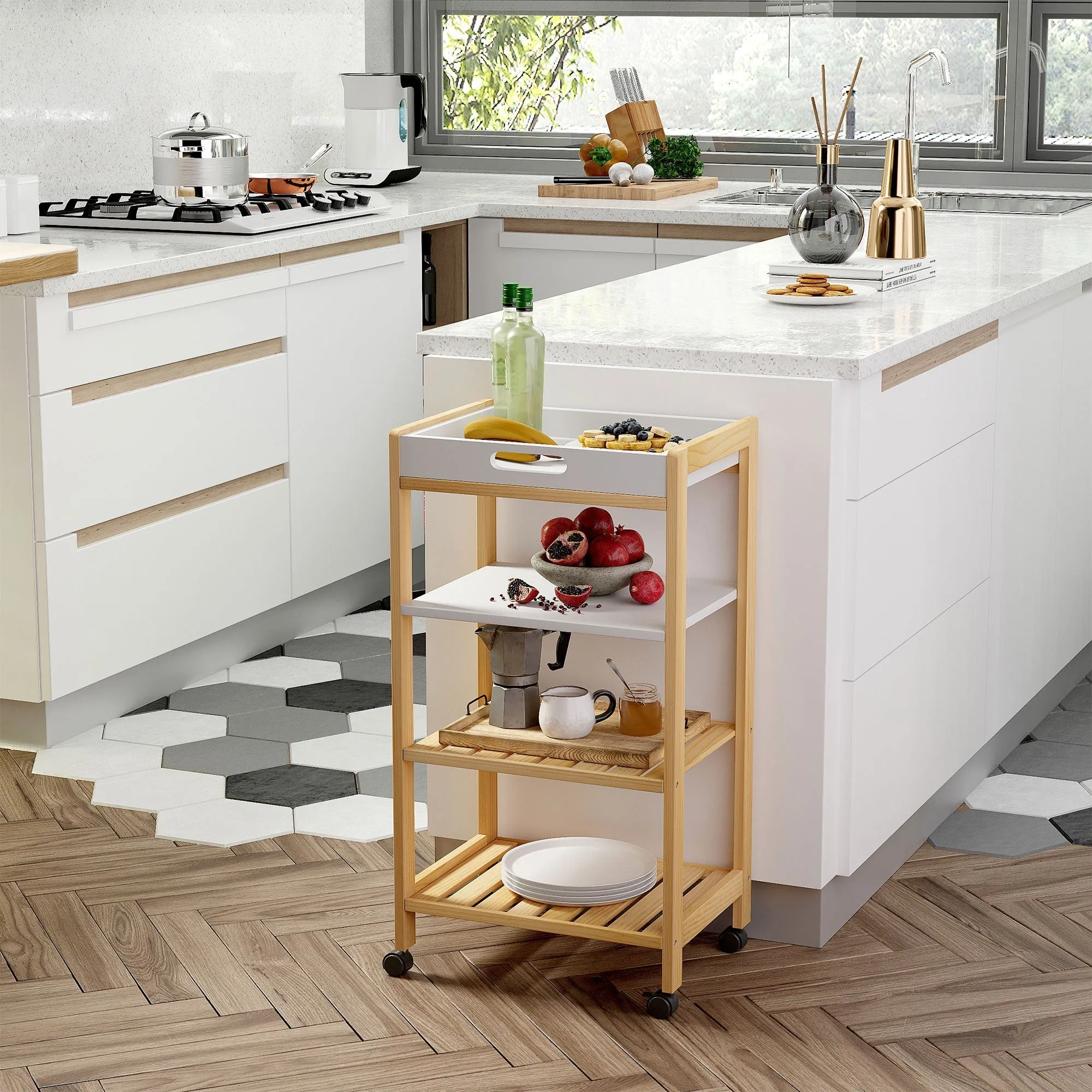 Wooden Trolley on 4 Level Kitchen Trolley in Pine wood and 4 swivel wheels | 40x30x76 cm - Image 2
