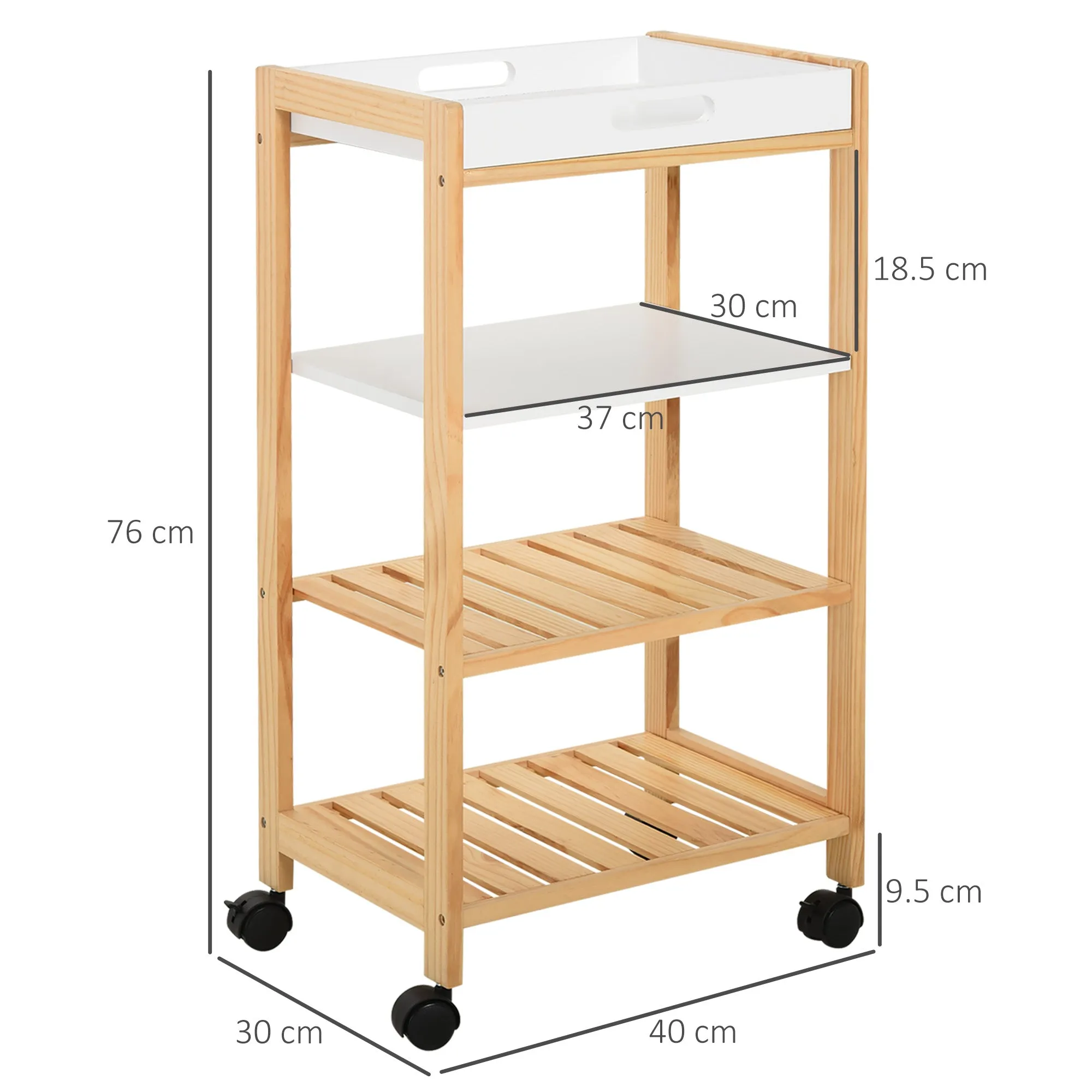Wooden Trolley on 4 Level Kitchen Trolley in Pine wood and 4 swivel wheels | 40x30x76 cm - Image 3