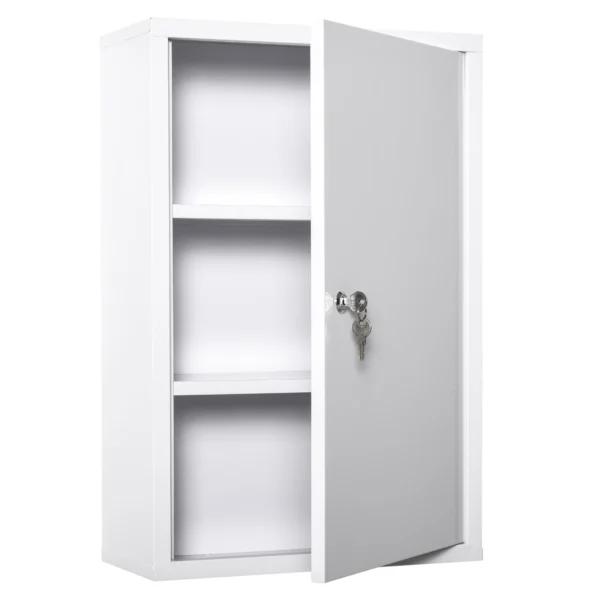 3-Tier Steel Medicine Cabinet with 2 Keys and Wall Mount, 40x18x60 cm, White