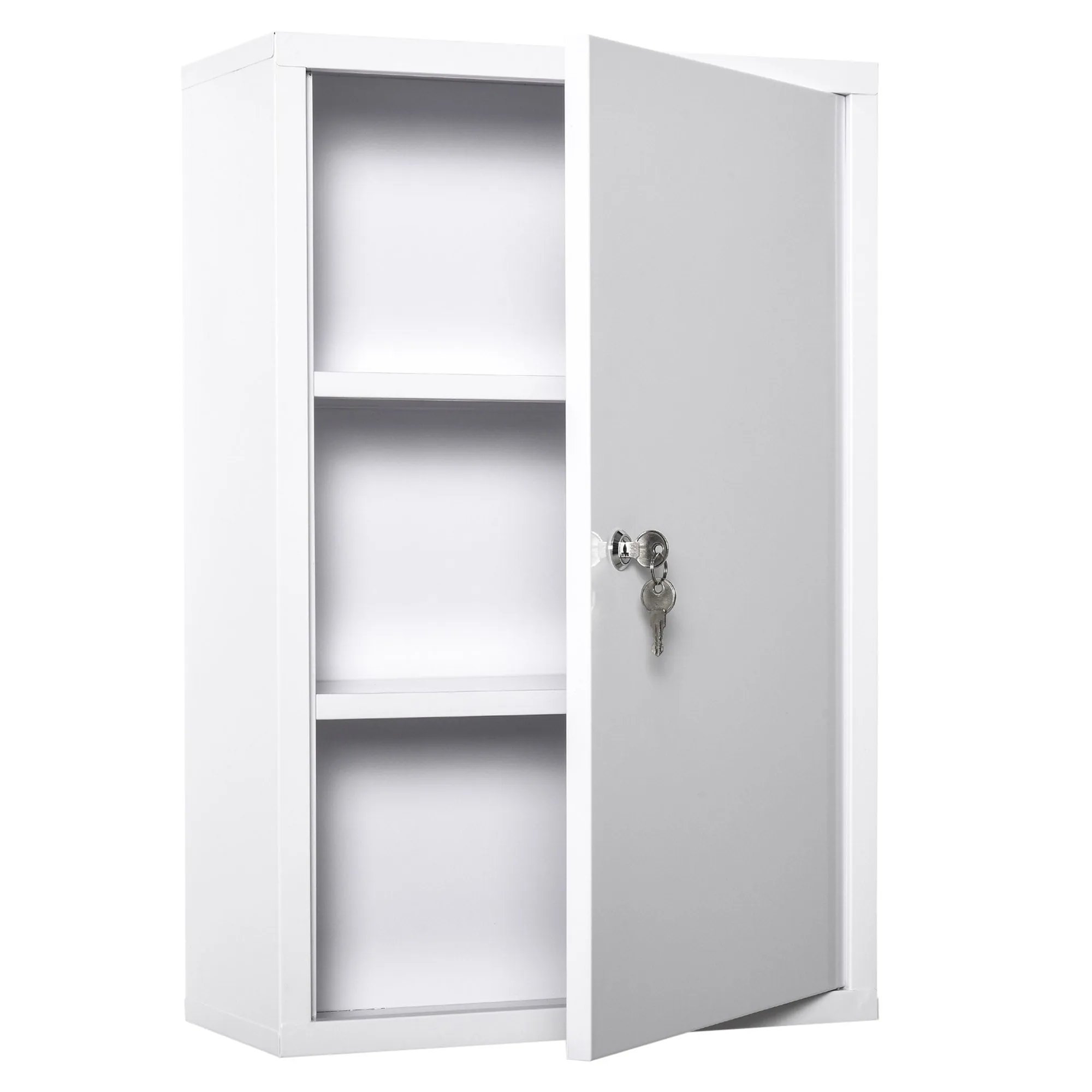 3-Tier Steel Medicine Cabinet with 2 Keys and Wall Mount, 40x18x60 cm, White