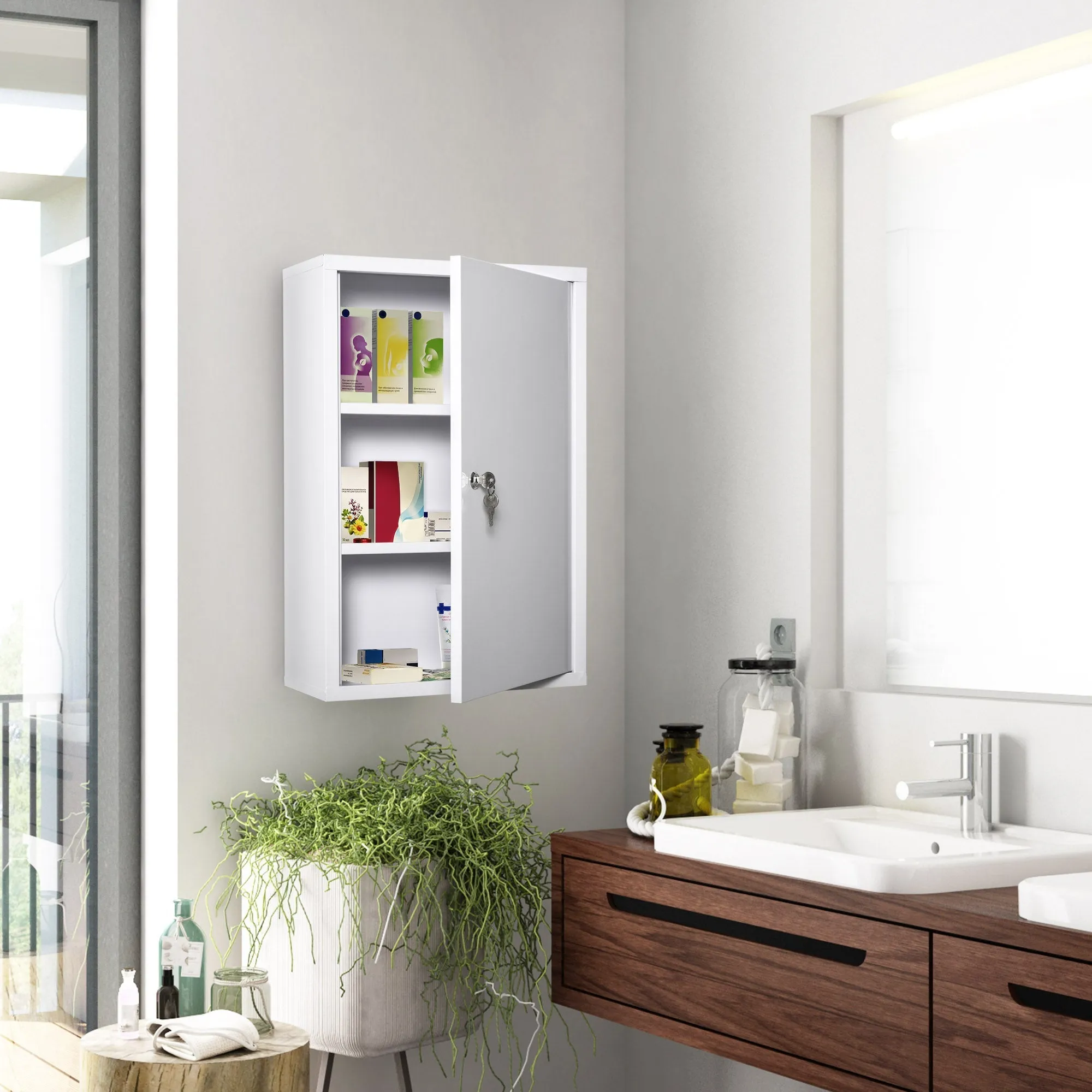 3-Tier Steel Medicine Cabinet with 2 Keys and Wall Mount, 40x18x60 cm, White - Image 2