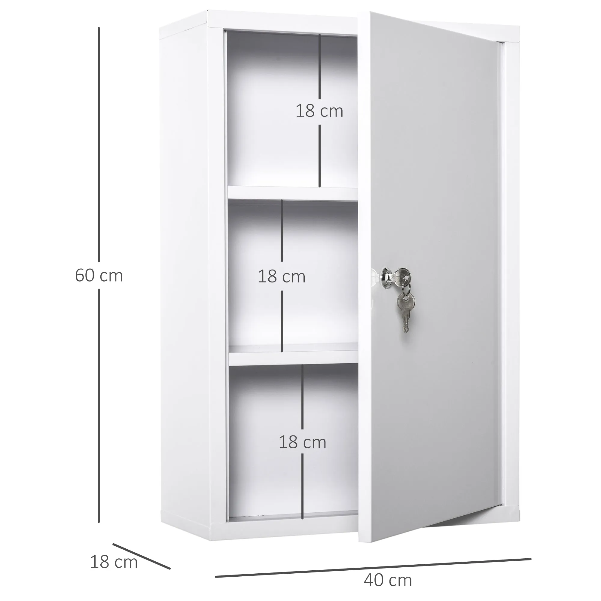 3-Tier Steel Medicine Cabinet with 2 Keys and Wall Mount, 40x18x60 cm, White - Image 3