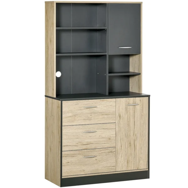 Kitchen Cabinet Modern Space-Saving Sideboard with 2 Cabinets 3 Drawers 3 Shelves Wood 90 x 39 x 169cm Light Oak Grey Color