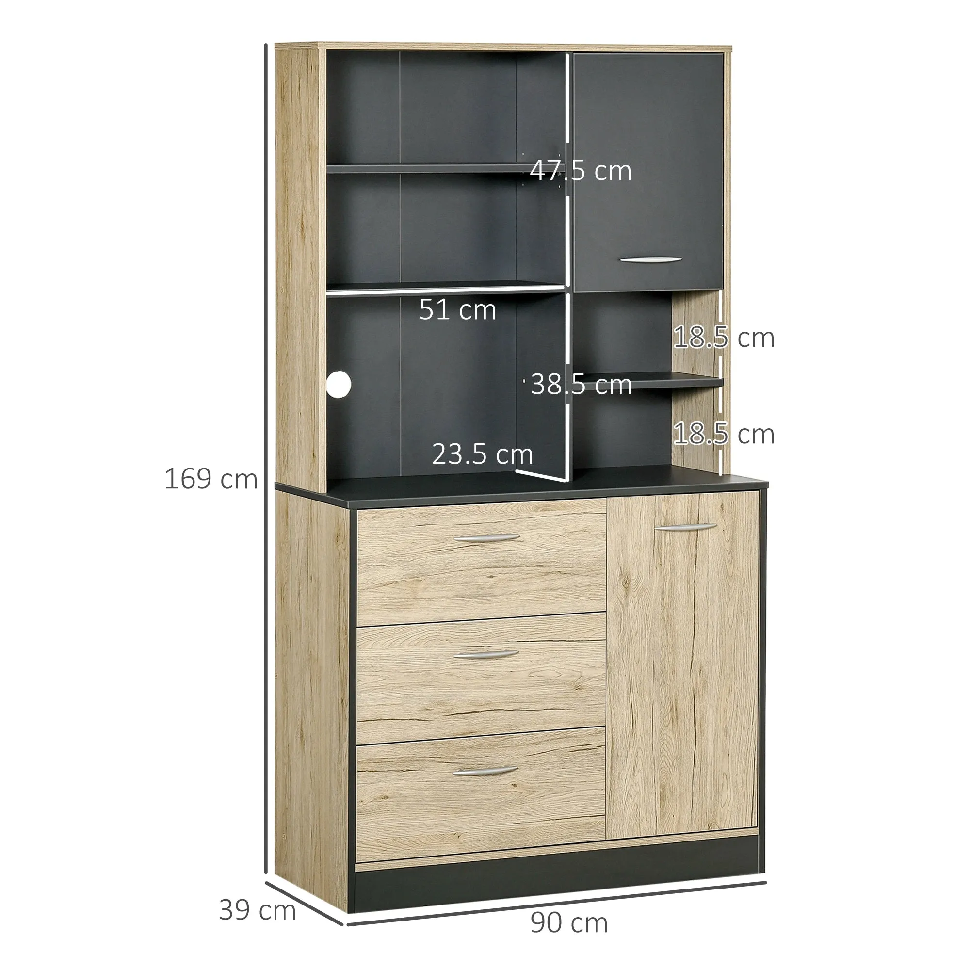Kitchen Cabinet Modern Space-Saving Sideboard with 2 Cabinets 3 Drawers 3 Shelves Wood 90 x 39 x 169cm Light Oak Grey Color - Image 2