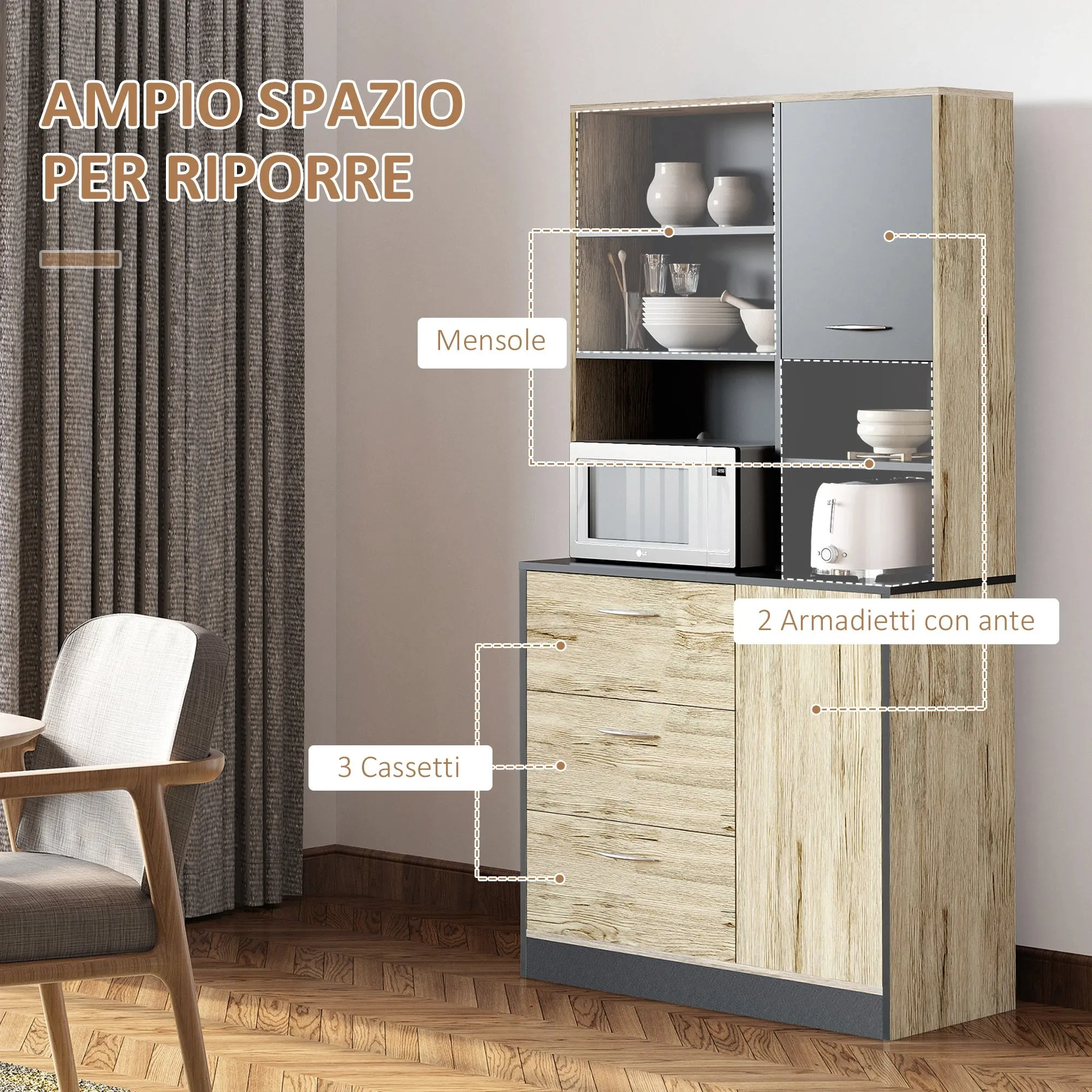 Kitchen Cabinet Modern Space-Saving Sideboard with 2 Cabinets 3 Drawers 3 Shelves Wood 90 x 39 x 169cm Light Oak Grey Color - Image 3