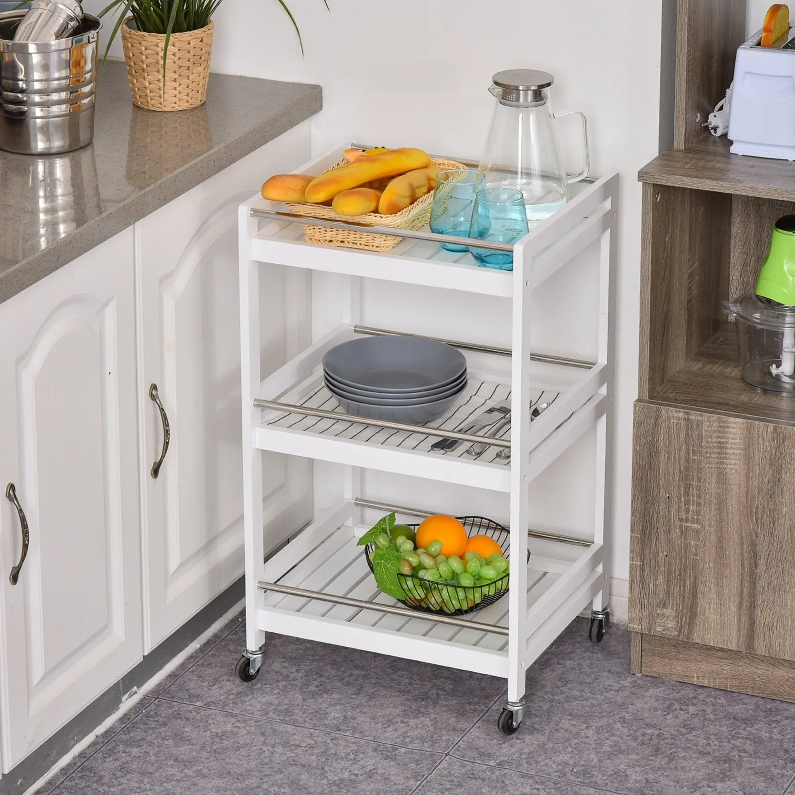 SPOON | Wooden Kitchen Trolley with 3 Shelves and Wheels, 45x38x78cm, White - Image 2