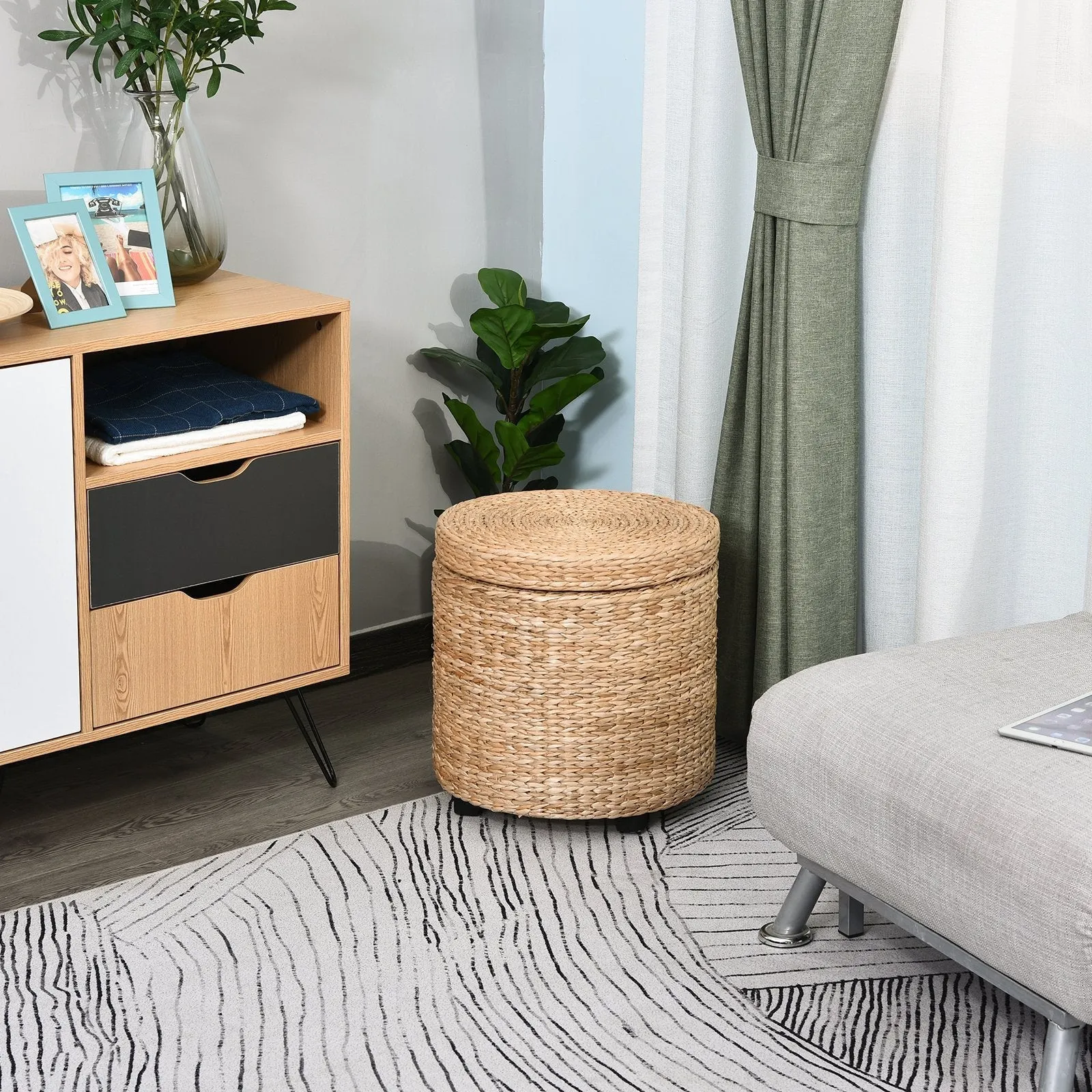Boho Style Round Storage Ottoman with Natural Upholstery, Coffee Table Ø43x43cm, Khaki - Image 3