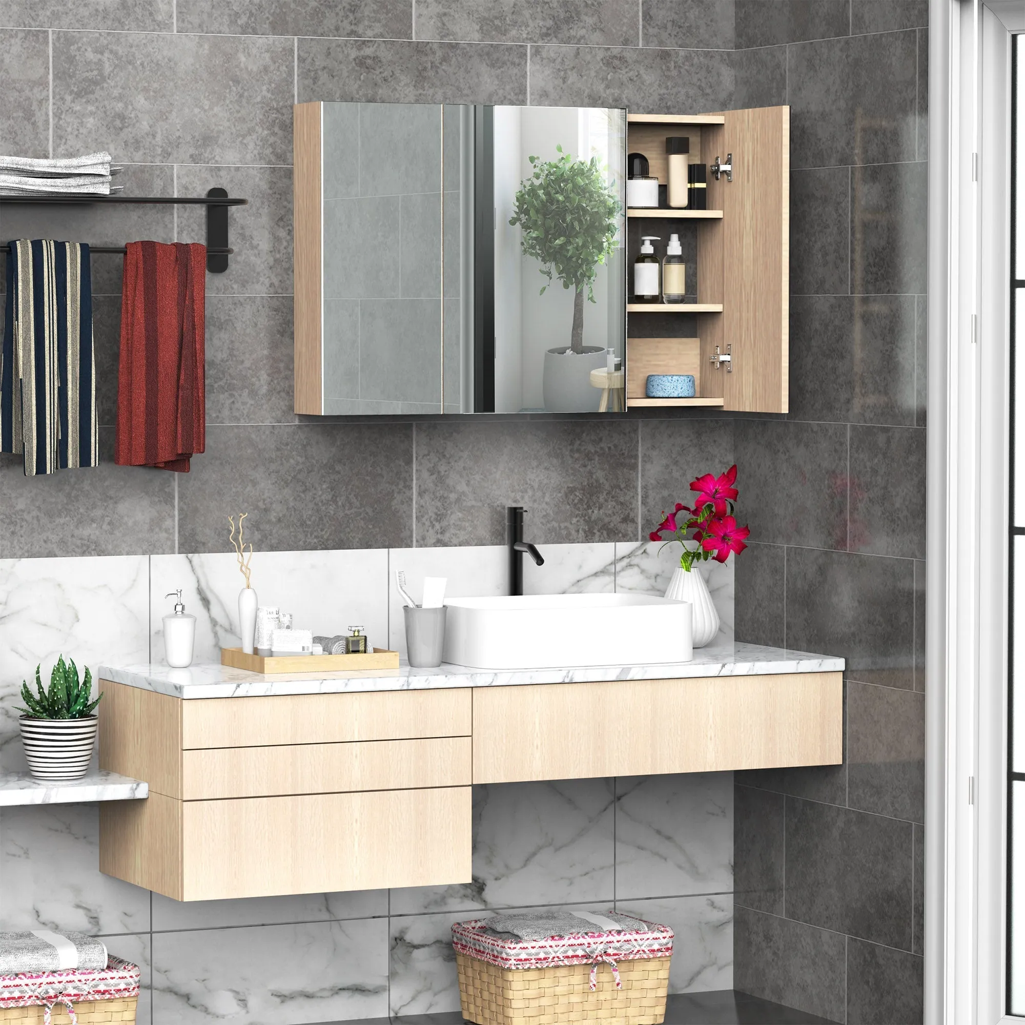 Kleankin 3 doors wall unit with octal with oak mirror 90x60x13.5 cm - Image 2