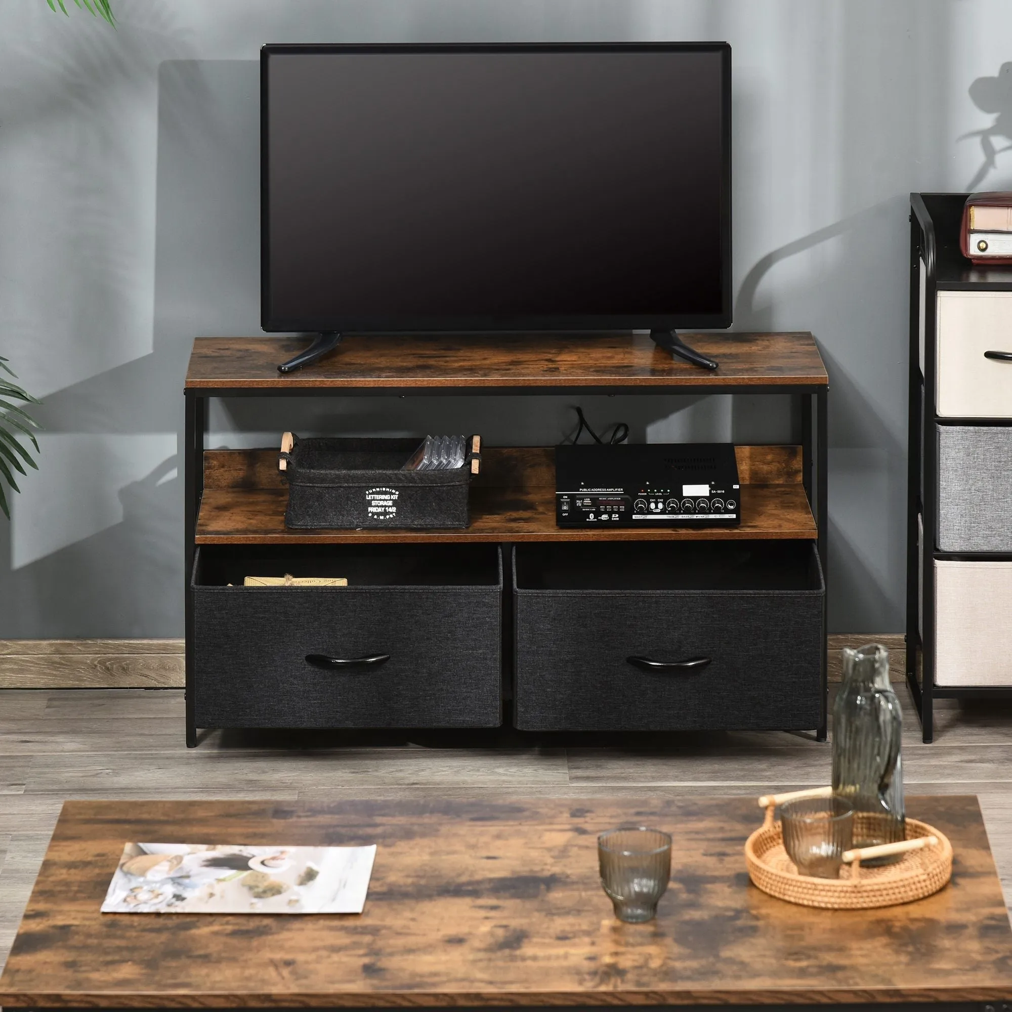 47" TV Stand with Folding Fabric Drawers and Shelf, Metal and MDF TV Cabinet, 98x29x56cm, Rustic Brown - Image 2